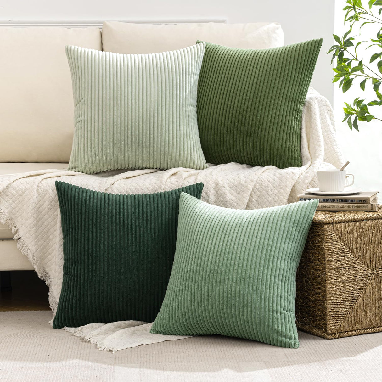 MIULEE Boho Farmhouse Sage Green Throw Pillow Covers 20x20 Inch Set of 4 Mordern Nordic Cushion Covers Soft Corduroy Christmas Home Decor for Couch Bed Sofa Living Room Forest Green
