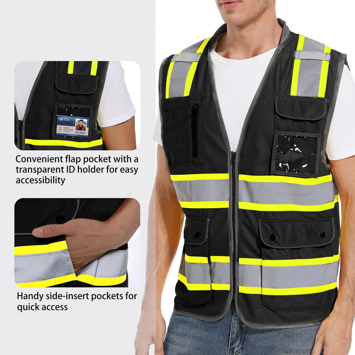 ArcRidge Reflective Safety Vest for Men and Women - High Visibility Construction Vest - Dual Tone Reflective Strips (Black, Large)