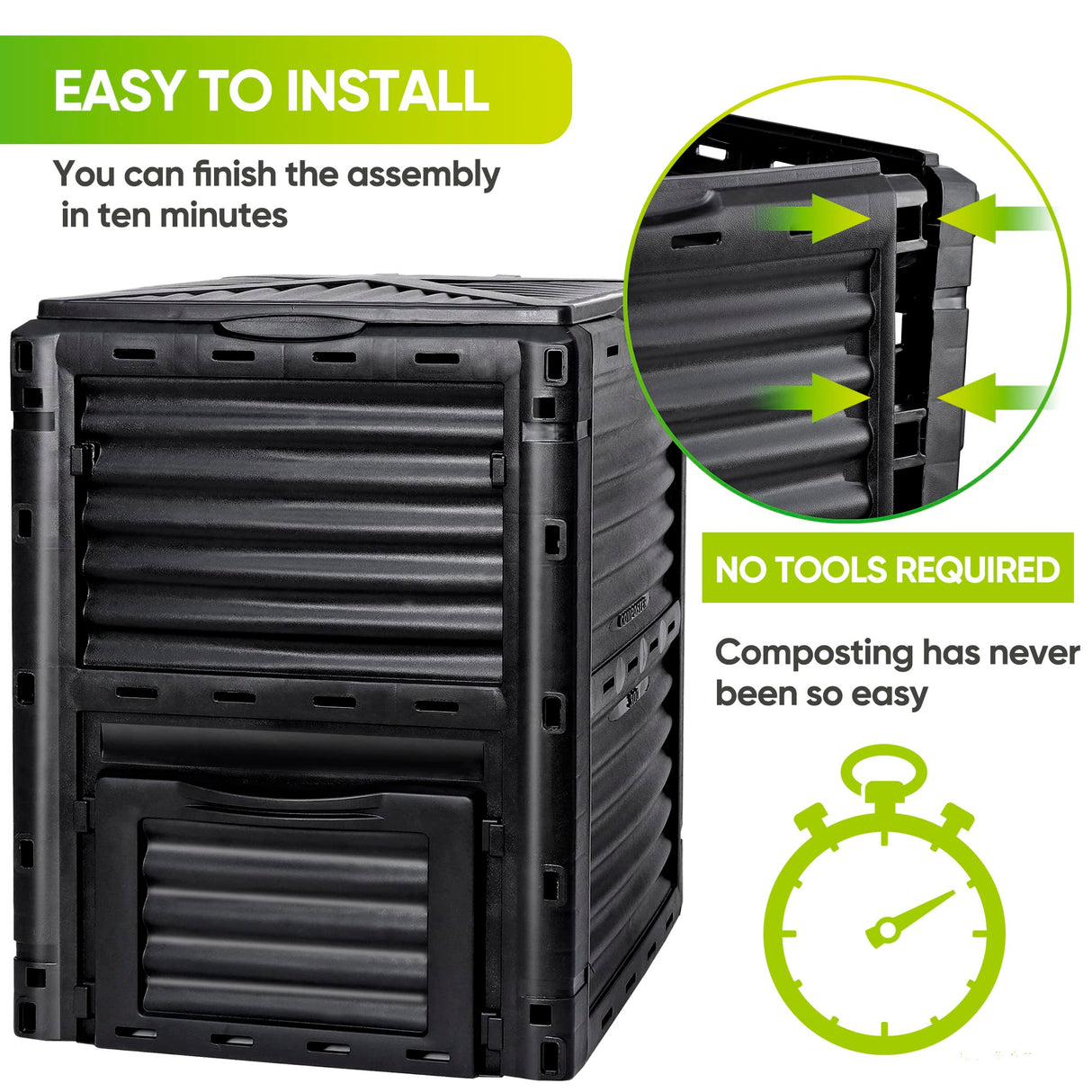 F2C Compost Bin 80 Gallon,Includes Gloves, Large Compost Bin w/Top Flip Latch-on Lid, Bottom Exit Door Aerating Outdoor Garden Compost Box,BPA Free Material for Backyard Outdoor, Black