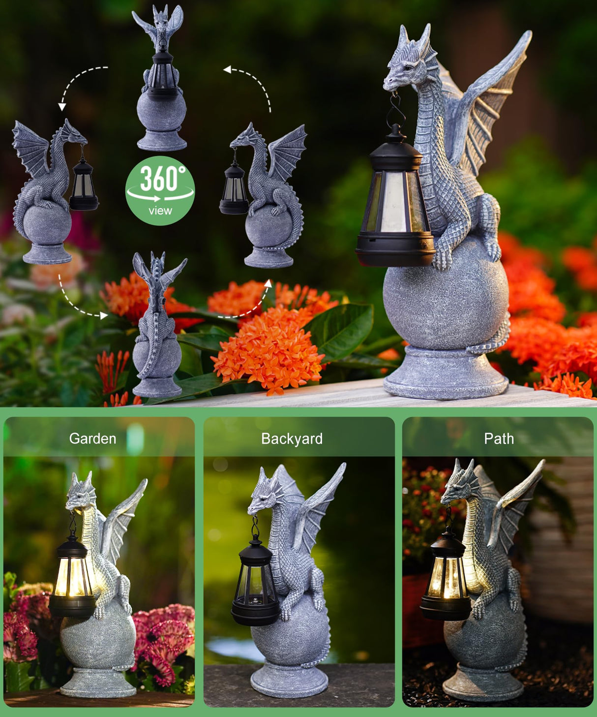 Acgarten Solar Garden Dragon Statue: Outdoor Figurine with Lantern Lights