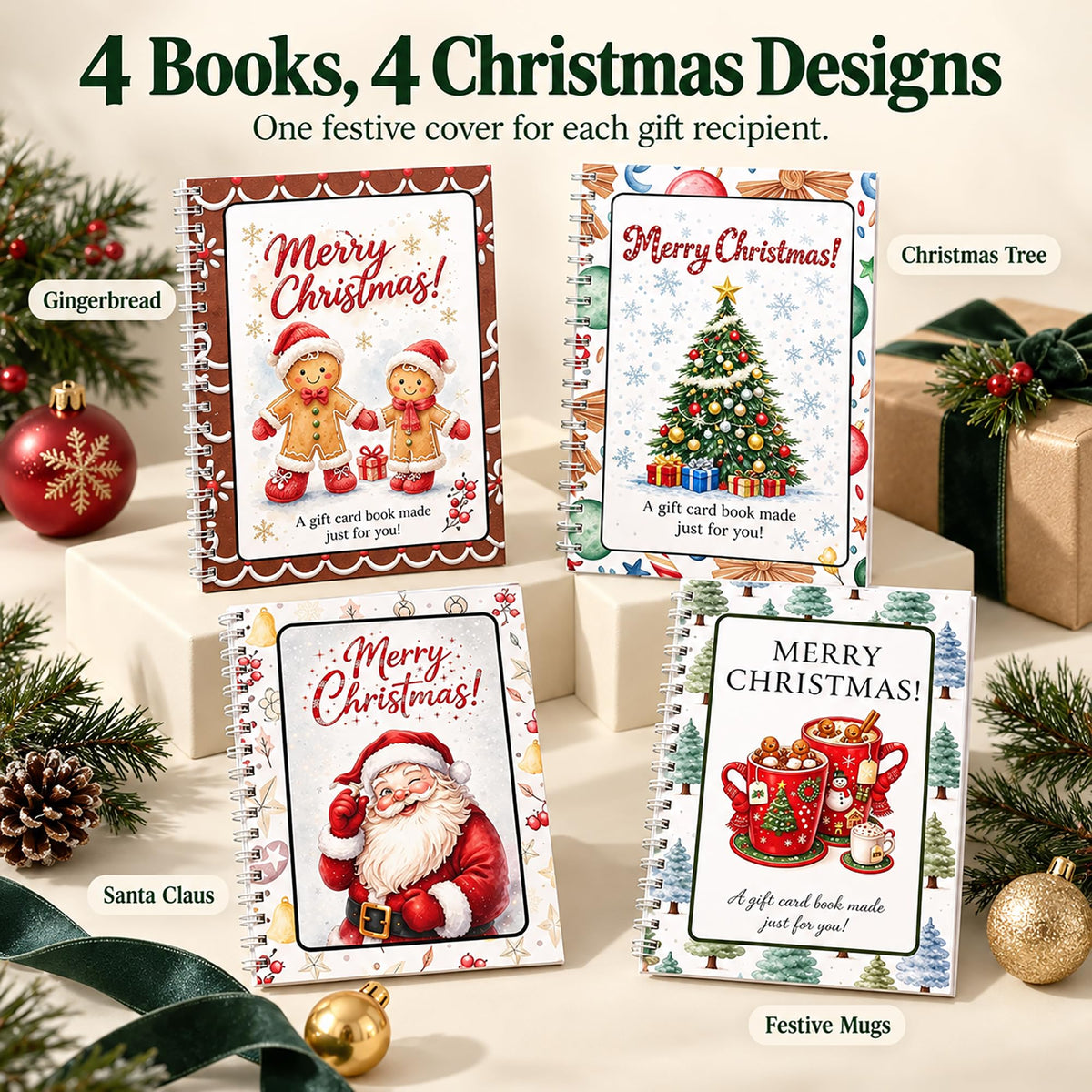 DOTH Christmas Gift Card Book, 4 Pack, Spiral Bound for Holiday Gift Giving