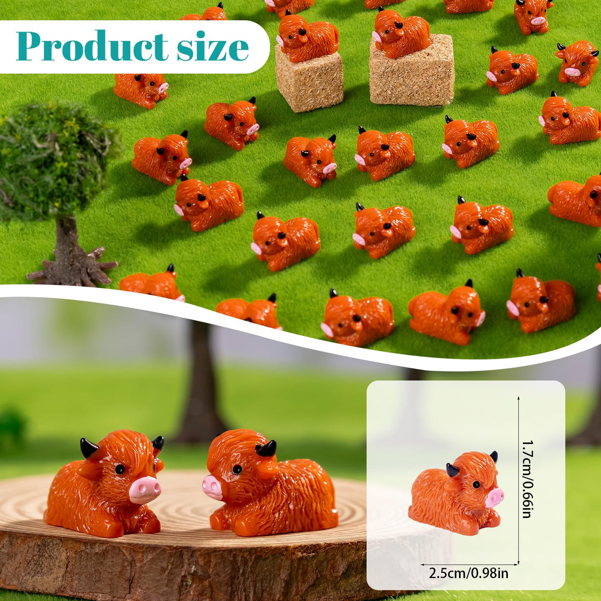 Teenzee 50 Pcs Mini Highland Cow Figurines Bulk Mini Cow Figurines Cake Decorations Cute Miniature Resin Sculpture Ornament Micro Landscape Office Garden Desk Party Tabletop Decor