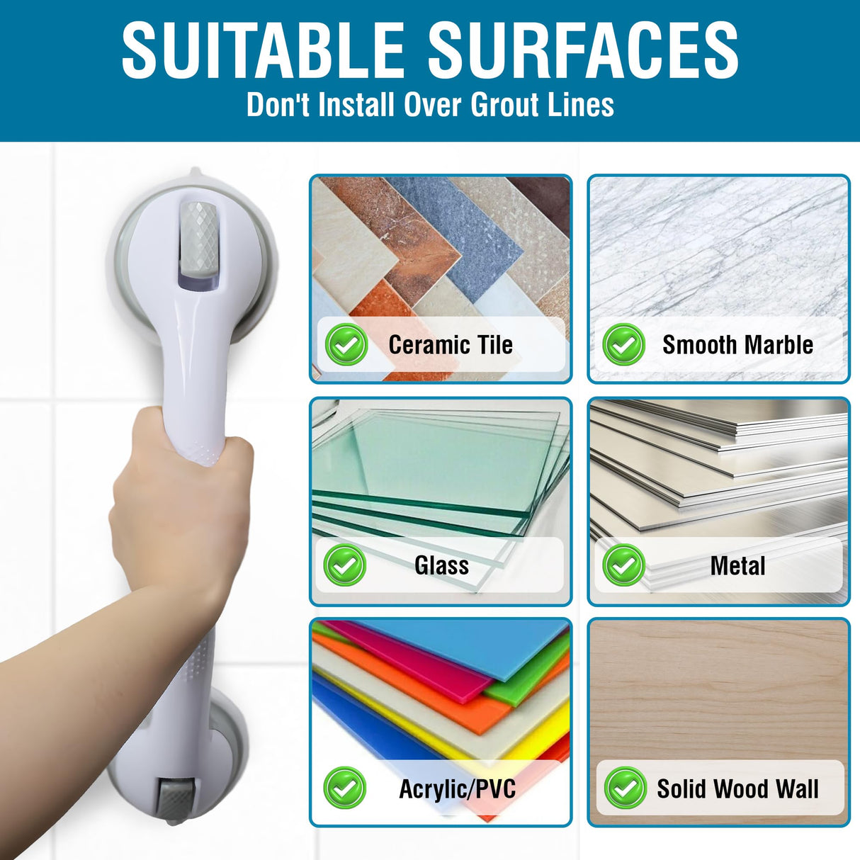 Grab Bars for Bathtubs and Showers, Heavy Duty Shower Handle 2 Pack 16 Inch Suction Cup, Removable Bar Bath Handrails for Seniors and Elderly Handicap, Bathroom Safety Grips No Drilling Waterproof