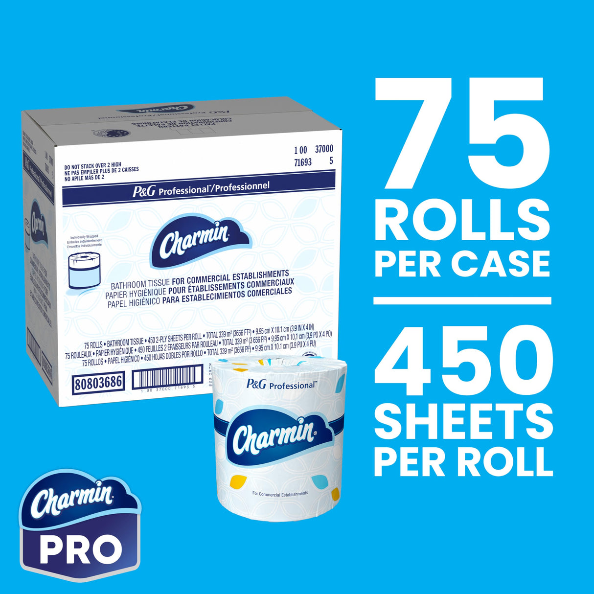 Charmin Professional Commercial Toilet Paper Rolls, Bulk 2-Ply Bathroom Tissue, Individually Wrapped, 450 sheets (75 count)