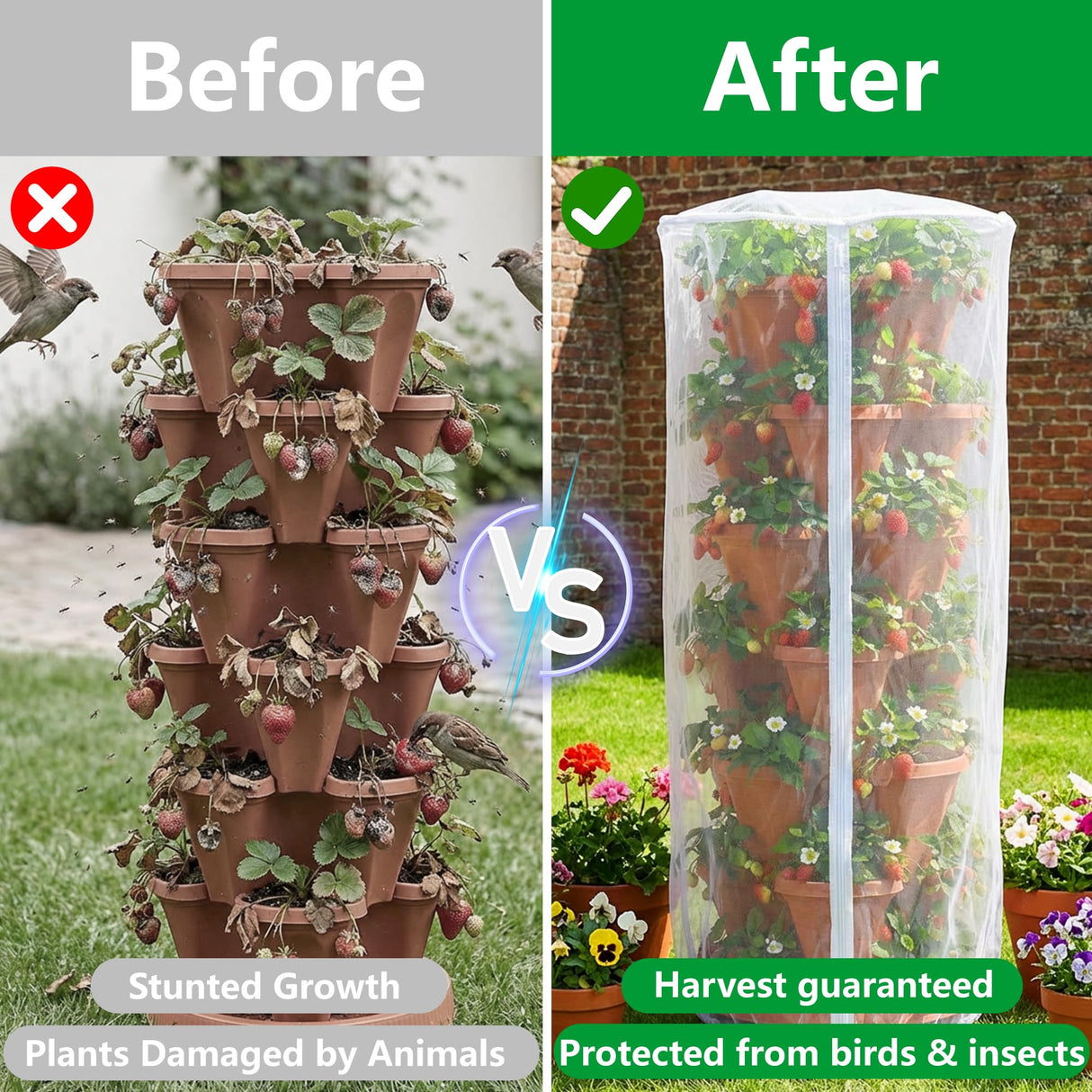 2 Pcs Vertical Plant Pot Insect Netting with Zipper, 59"x22" Stackable Planter Garden Net Cover, 6 to 7 Tier Planter Pot Insect Bird Barrier Protection Mesh for Strawberry Herb Flower Fruit Vegetable