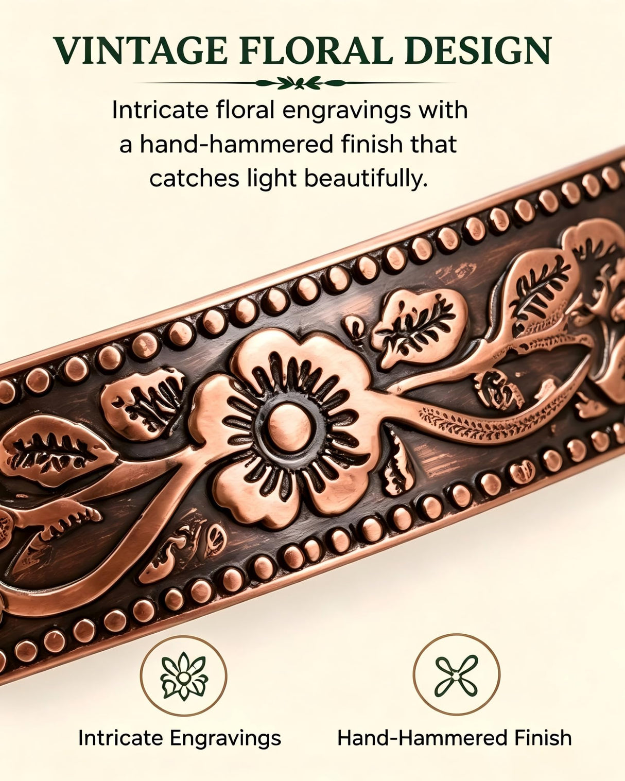 Fashtour Pure Copper Bracelet – Copper Bracelet for Men & Women – 100% Solid, Raw & Handmade Hammered Tibetan Cuff Bangle (Vintage Floral)