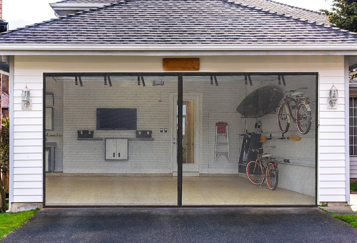 Elytsemoh Garage Screen Doors for 2-Car Garage -16x7FT, Fiberglass 2300g/5.1 Lb Heavy Duty Magnetic Door Screen, Hands-Free with 6 Roll Up Straps for Patio, Outdoor, Gym, Sun House Porch, Black