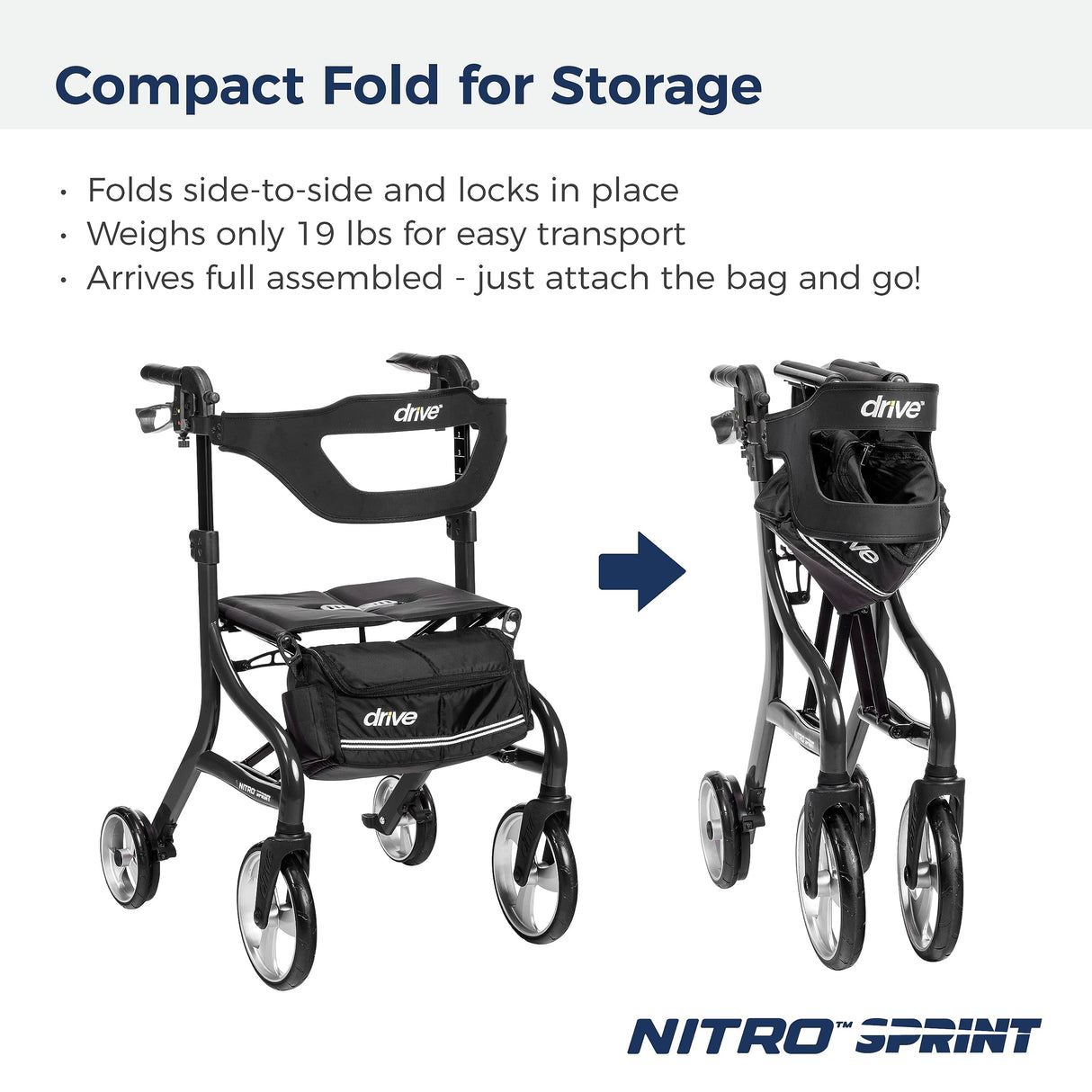 Drive Medical Nitro Sprint Foldable Rollator Walker with Seat, Tall Height Lightweight Rollator with Large Wheels, Folding Rollator, Four Wheel Rolling Walker, Black