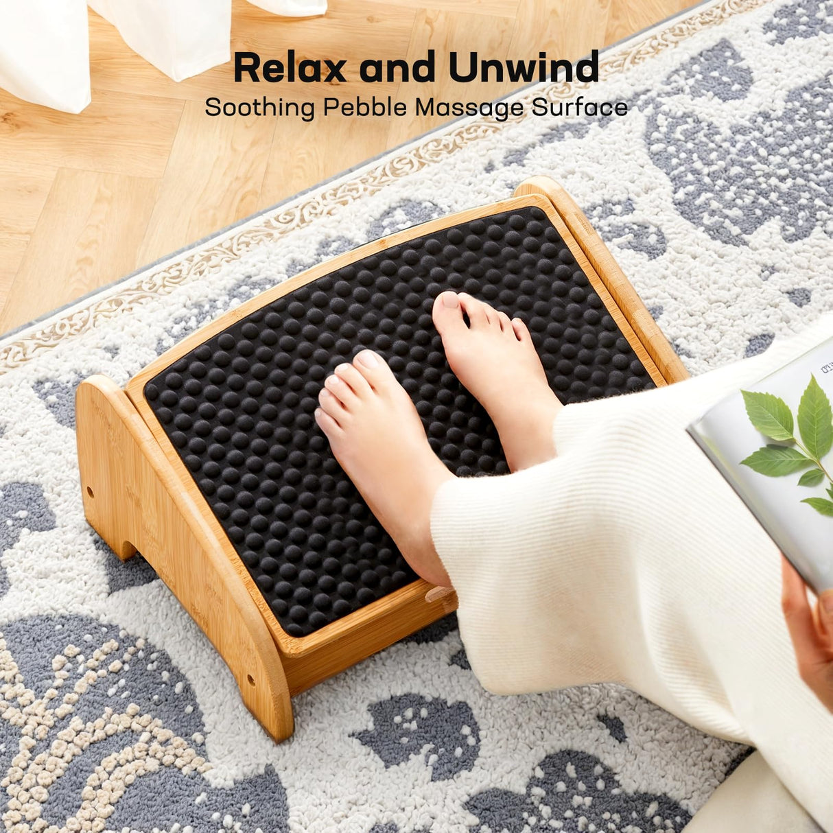 HUANUO Bamboo Under Desk Footrest, Ergonomic Foot Rest with 4 Height Options & Adjustable Angles, Pebble Massage Surface, Non-Slip Foot Rest for Under Desk at Work for Improved Posture, Home & Office