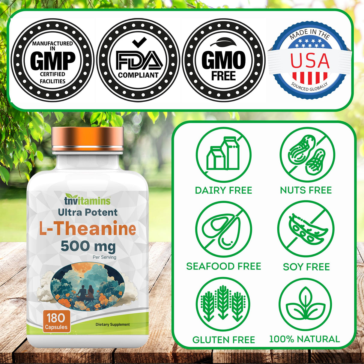 L-Theanine 500 mg Per Serving - 180 Capsules | Keep Calm, Cool, Collected, Alert, & Focused | L-Theanine Supplement May Support Mood, Brain, & Cognitive Function* | Non-GMO, Made in The USA!