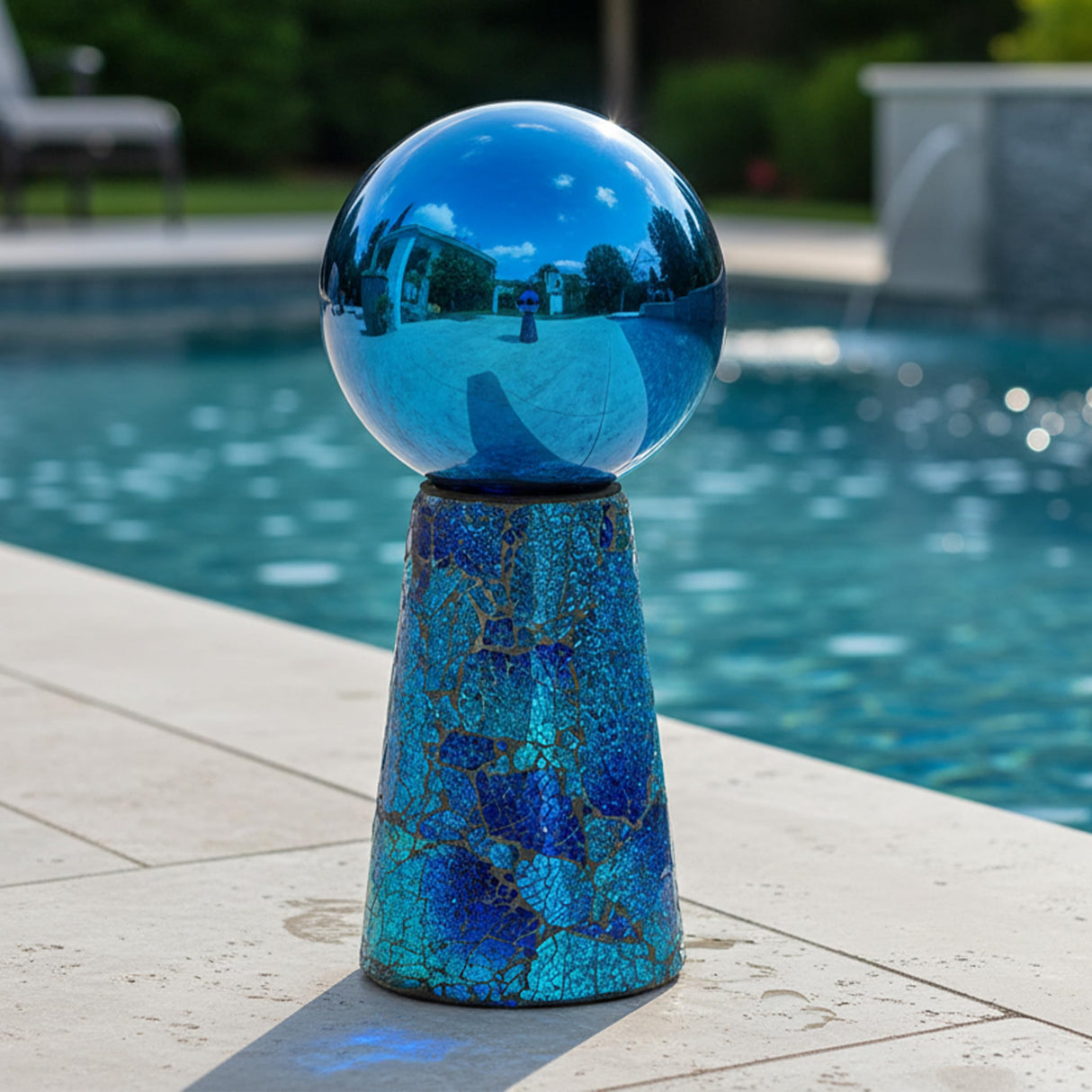 Sunnydaze Glass Gazing Ball Stand for Gazing Globes - Outdoor Mosaic Sphere Holder & Pedestal for Backyard or Patio Decoration - Deep Ocean Swirl