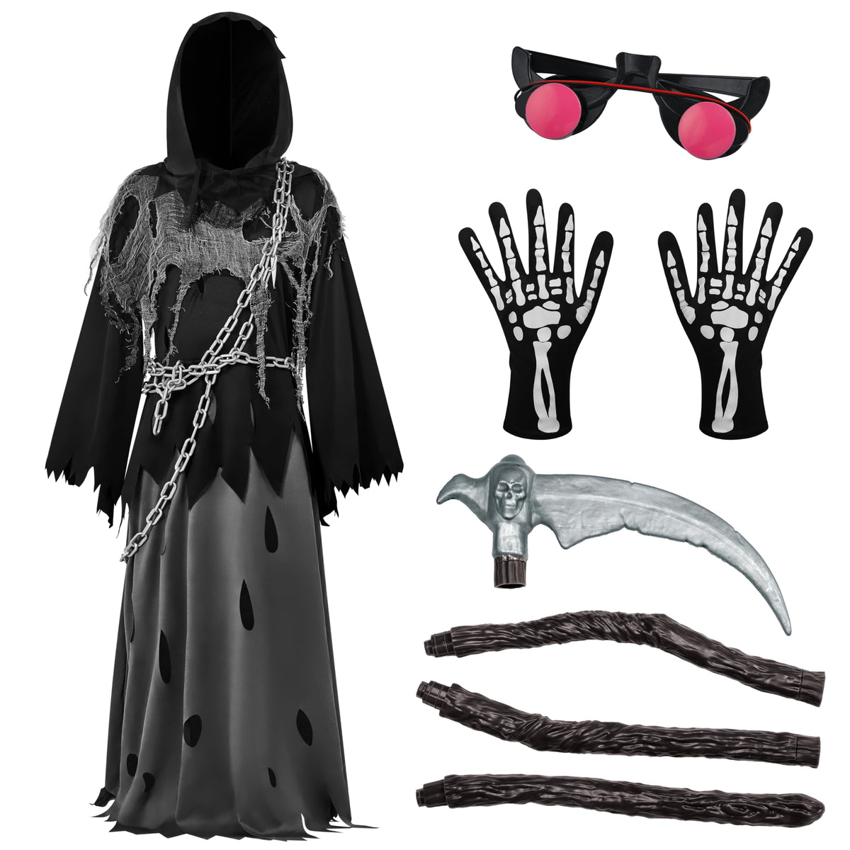 Spooktacular Creations Glowing Eyes Grim Reaper Costume for Kids, Halloween Costume for Boys, Halloween, Dress-up Party