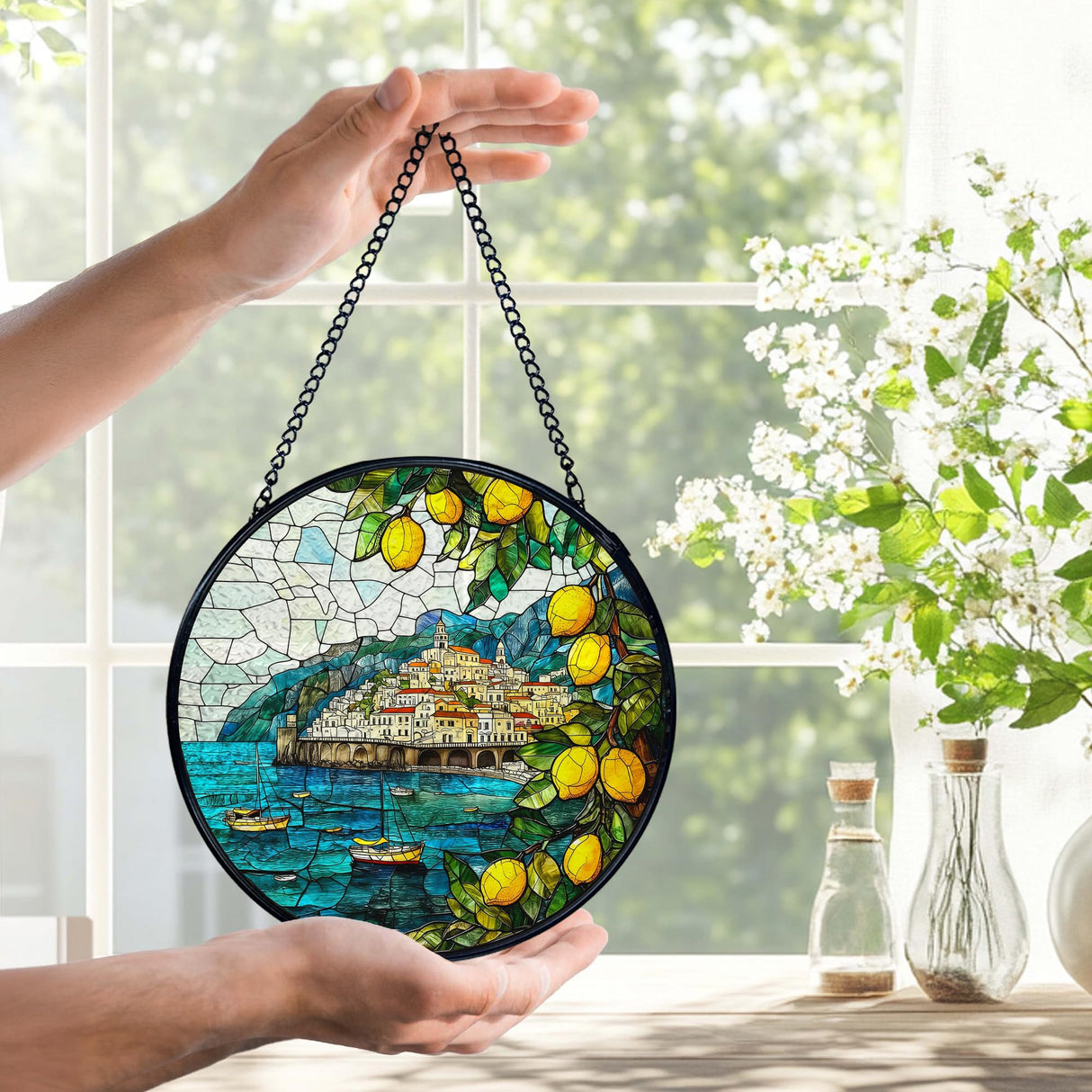 XINCEYWJ Mediterranean Tuscan Decor, Italian Lemon Amalfi Coast Suncatchers Stained Glass Window Hanging, Summer Beach Sun Catchers Indoor Window Glass Round Wall Decor, 7.9x7.9in