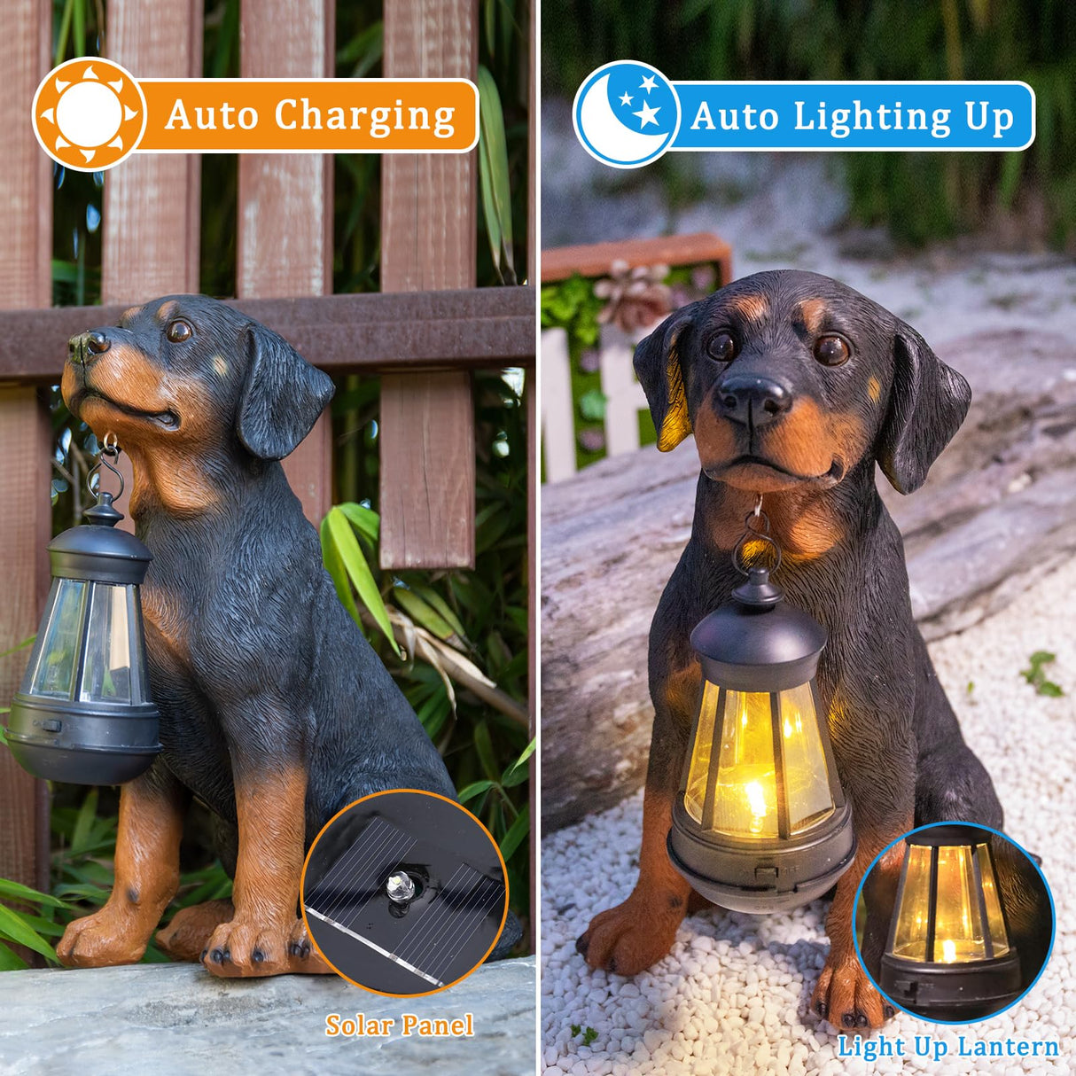Garden Dog Statues Outdoor Decor, 13" Solar Powered LED Lights Outdoor Statue Garden Decorations Rottweiler Figurine for Patio, Lawn, Yard Decor, Housewarming Garden