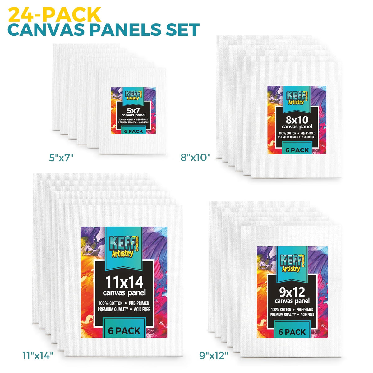 KEFF 24-Pack π£π₯ππ ππ¨π Canvas for Painting, 6 of 5x7, 8x10, 9x12,11x14 Painting Canvas Boards, Art Supplies for Adults & Kids - 100% Cotton Primed Canvases for Painting Acrylic, Oil, Watercolor