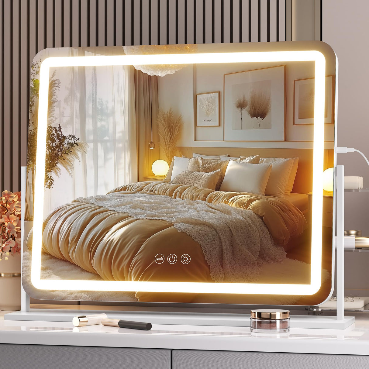 Hasipu Vanity Mirror with Lights, 22" x 18" LED Makeup Mirror, Light up Mirror with Smart Touch 3 Colors Dimmable, Brightness Adjustment, 360ยฐ Rotation (White)