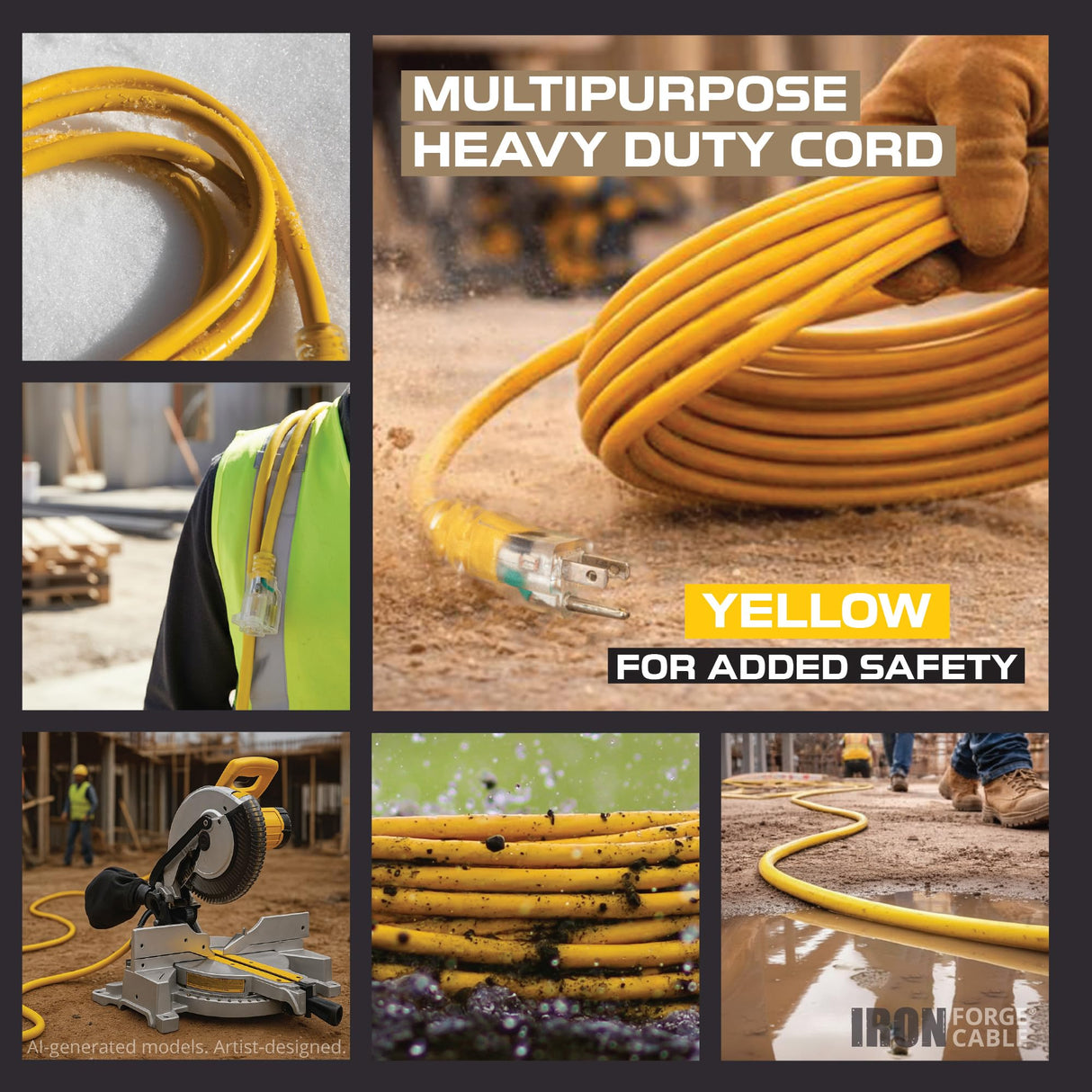 Iron Forge Cable 10 Foot Lighted Outdoor Extension Cord - 12/3 SJTW Heavy Duty Yellow Extension Cable with 3 Prong 15 AMP Grounded Plug for Safety