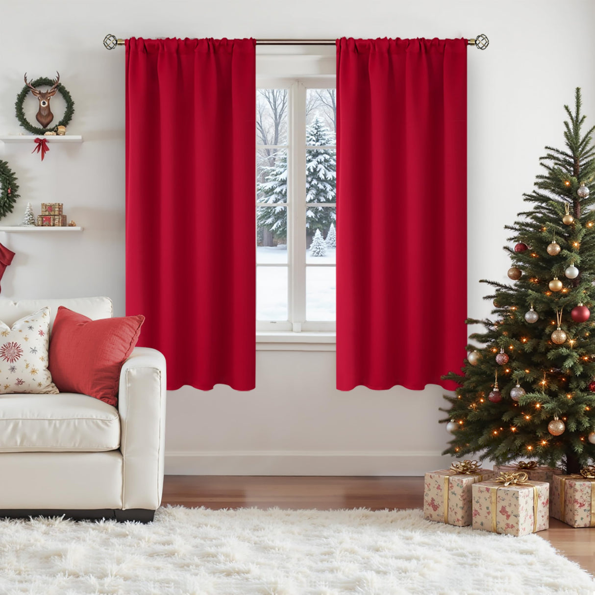 BGment Red Blackout Curtains 63 Inches Long for Bedroom - Thermal Insulated Drapes with Rod Pocket Room Darkening Christmas Decorative for Living Room, 42 x 63 Inch, 2 Panels