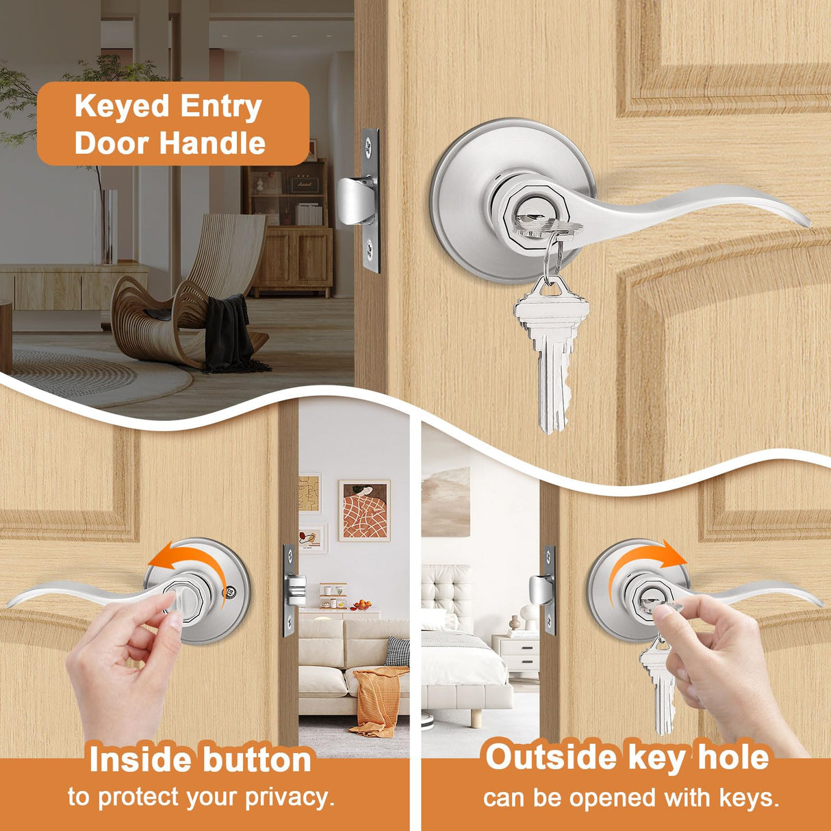 Probrico (2 Pack Wave Style Keyed Alike Entry Levers, Exterior Interior Satin Nickel Keyed Door Handles with Lock and Same Keys, Reversible for Right Left Handed Doors