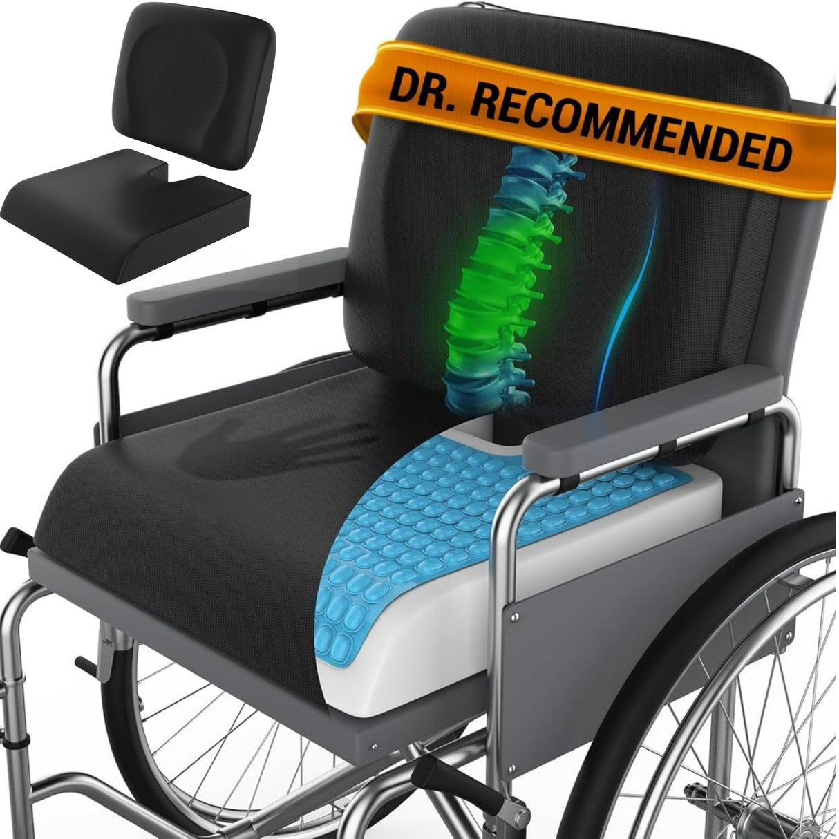 CUSHIO Wheelchair Cushion for Pressure Relief - (2-Piece Set) 18”x16” Anti-Slip Wheelchair Seat Cushions for Adults, Seniors with Lumbar Pillow and Removable Strap, Gel Cushion for Wheelchair
