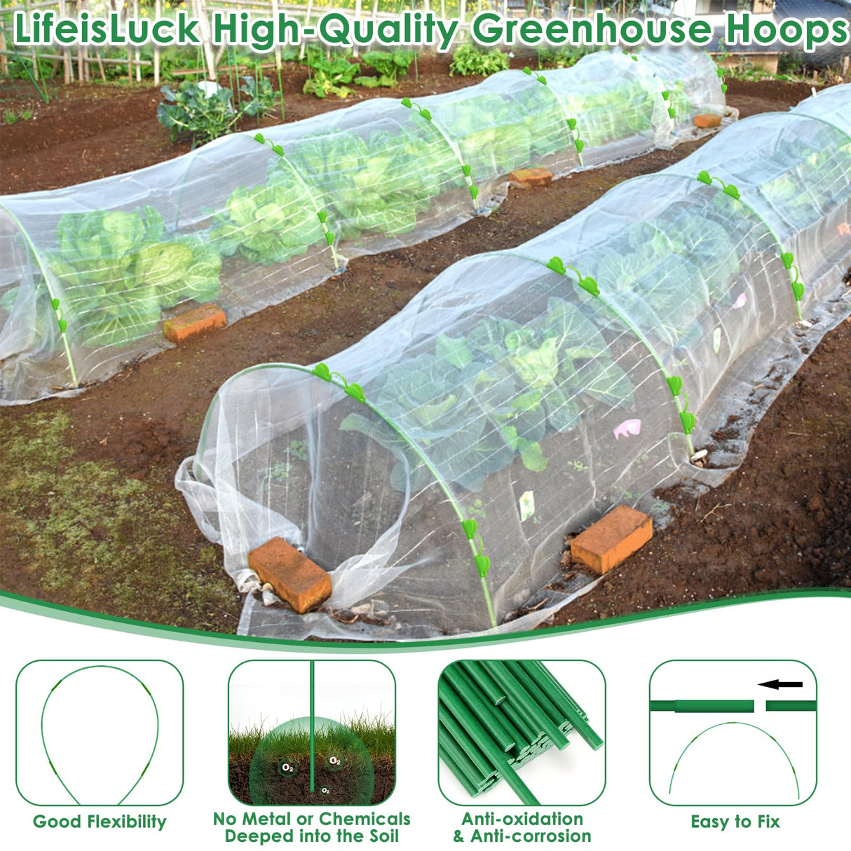 60 Pcs Garden Hoops for Raised Beds, 12 Sets Greenhouse Hoops Grow Tunnel Rust-Free Fiberglass Hoop House Kit, Plant Support Garden Stakes Hoops Frame for Netting Shade Cloth Row Cover Garden Supplies