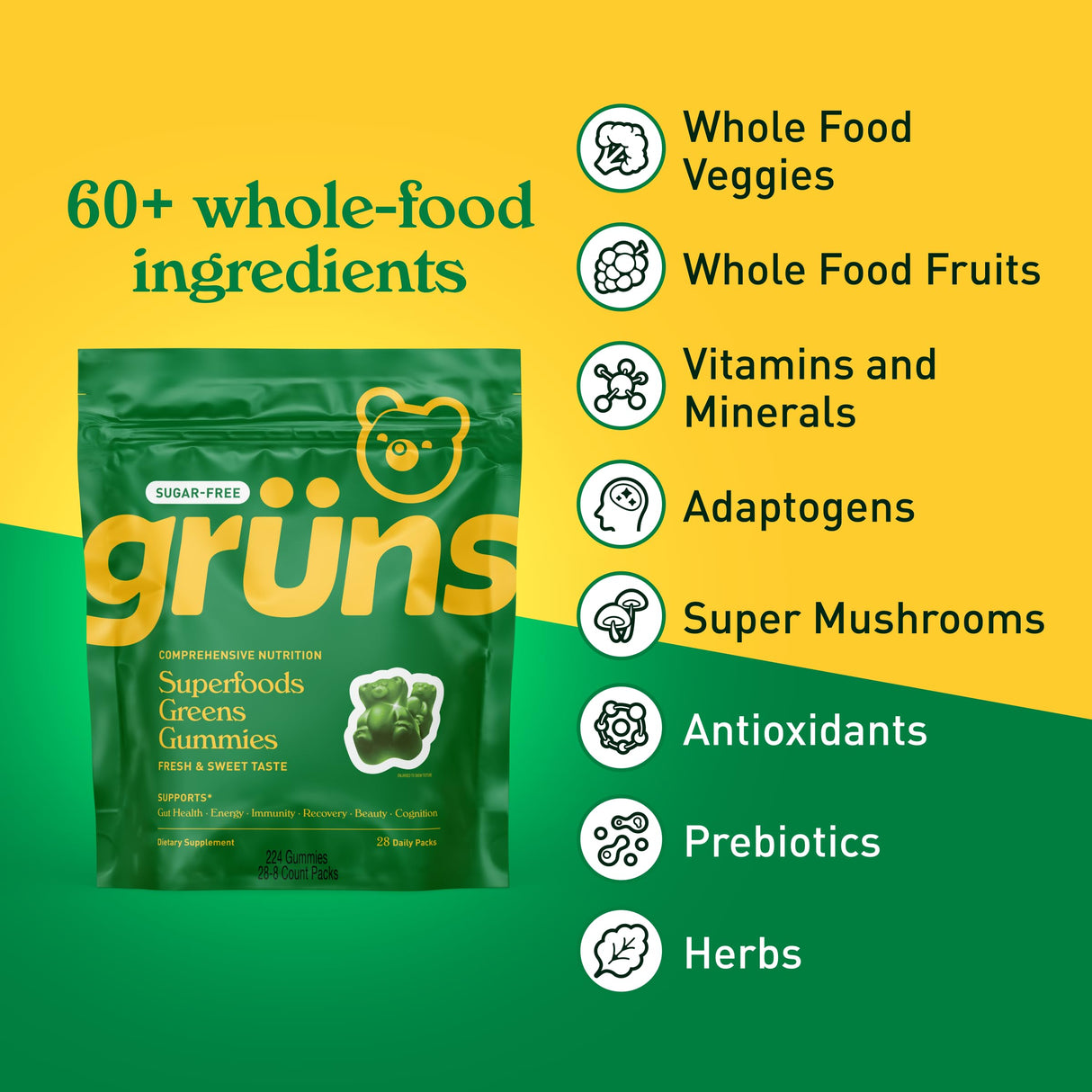 Gruns Adult Sugar-Free Super Greens Gummies, Superfood Gummy Bears with Spirulina, Chlorella, Fiber & Prebiotics for Digestive Health, Adaptogens Supplement with 20 Vitamins & Minerals, 28 Packets