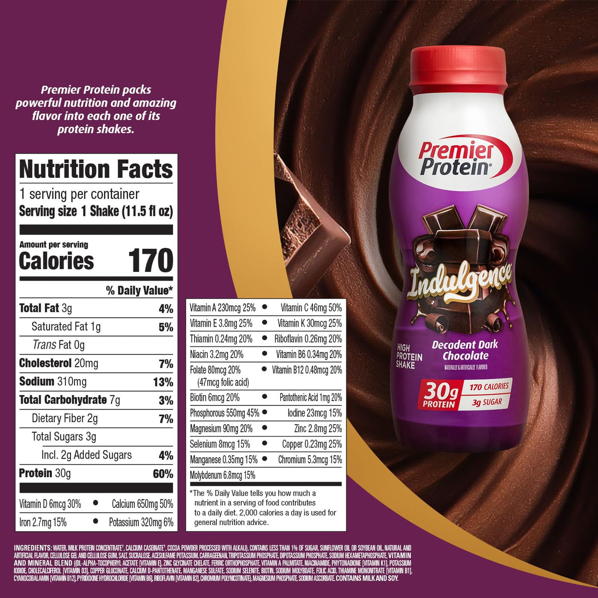Premier Protein Indulgence Protein Shake, 30g Protein, 3g Sugar, Decadent Dark Chocolate, 11.5 fl oz, Pack of 12