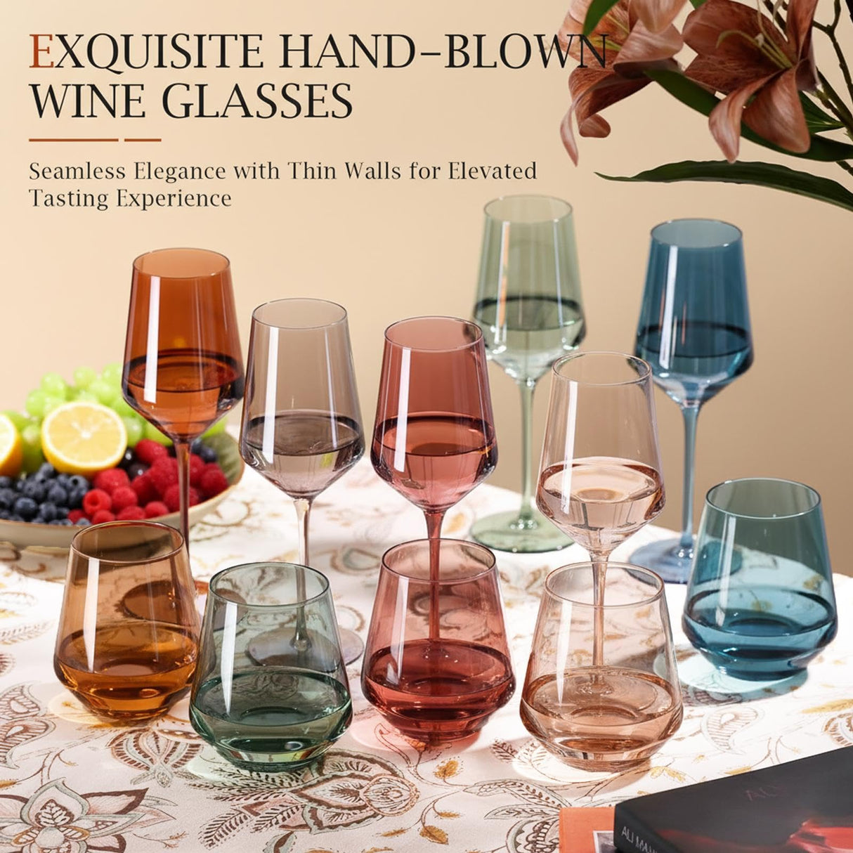 comfit Colored Wine Glasses Set of 6-15 oz Hand-blown Lead-free Crystal - Birthday Wedding Housewarming Christmas Gifts for Wine Lovers Women, Mom, Wife, Friend, Sister, Daughter