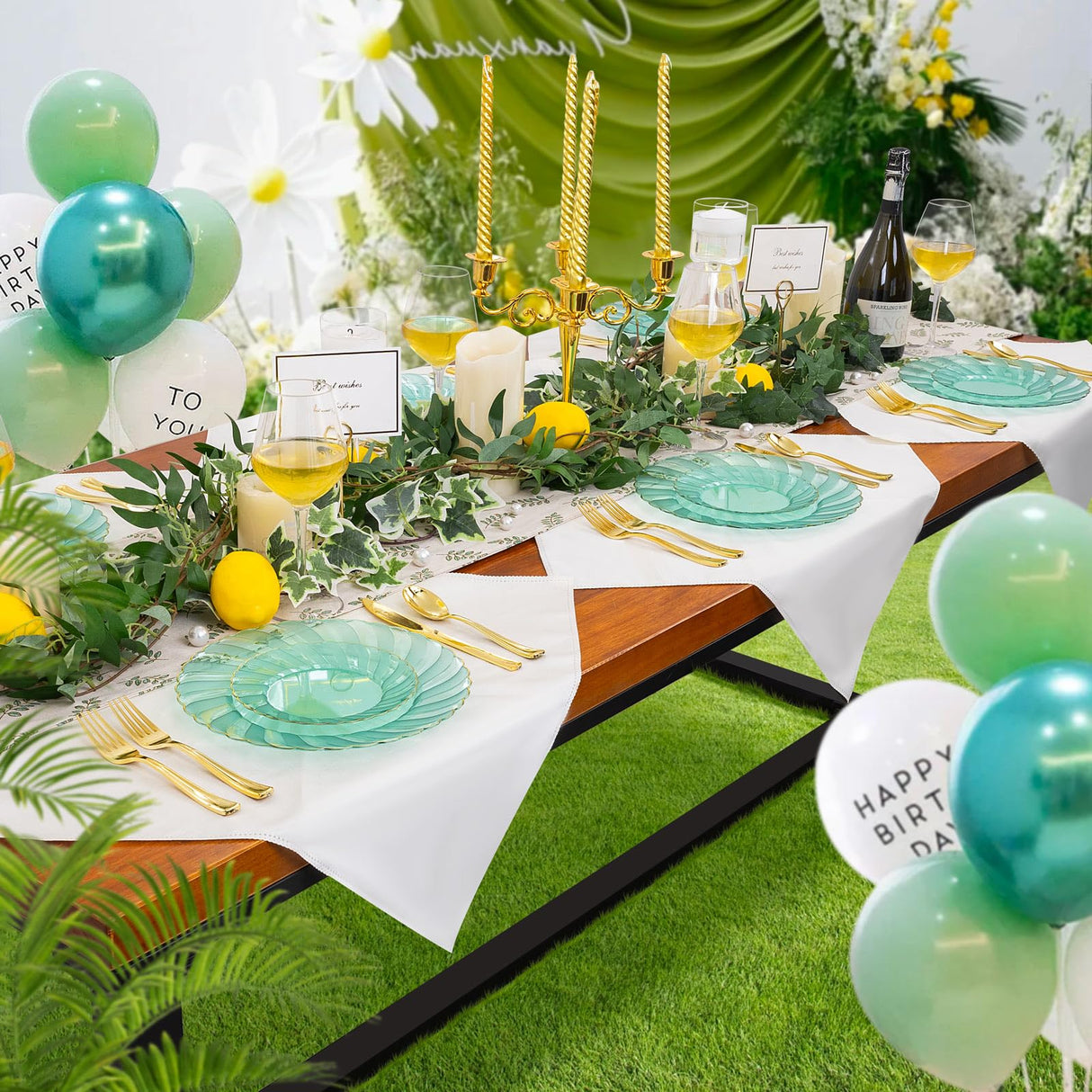 YOUBET 125PCS Clear Green Plastic Plates with Gold Rim - Green and Gold Plastic Plates Include 25 Dinner Plate 25 Dessert Plate 75 Disposable Silverwares for Wedding & Party & Christmas