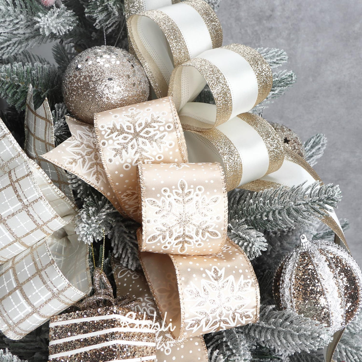 Ribbli Christmas Ribbon Wired Champagne Gold Christmas Tree Ribbon Snowflake Glitter Wired Ribbons for Crafts Gift Wrapping Wreaths Garland Home Decor -2.5 Inchx6 Rolls Total 36Yard