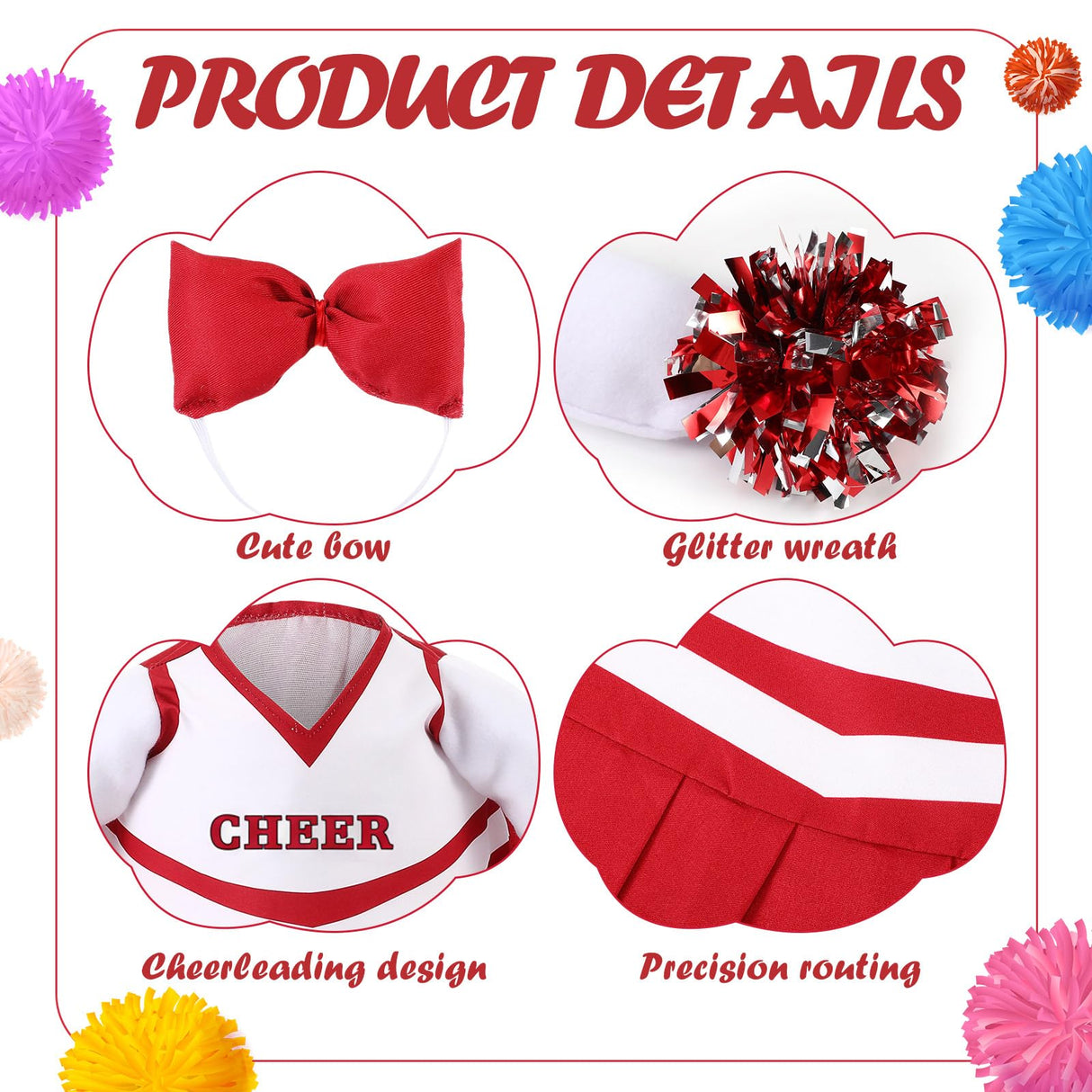 Sunnymove 2 Pcs Cheerleader Porch Goose Outfit Classroom Clothes Cheerleading Costume with Pom Poms and Bow for 23" Lawn Cement Goose Halloween Garden Yard Outdoor Classroom Decorations (Red)
