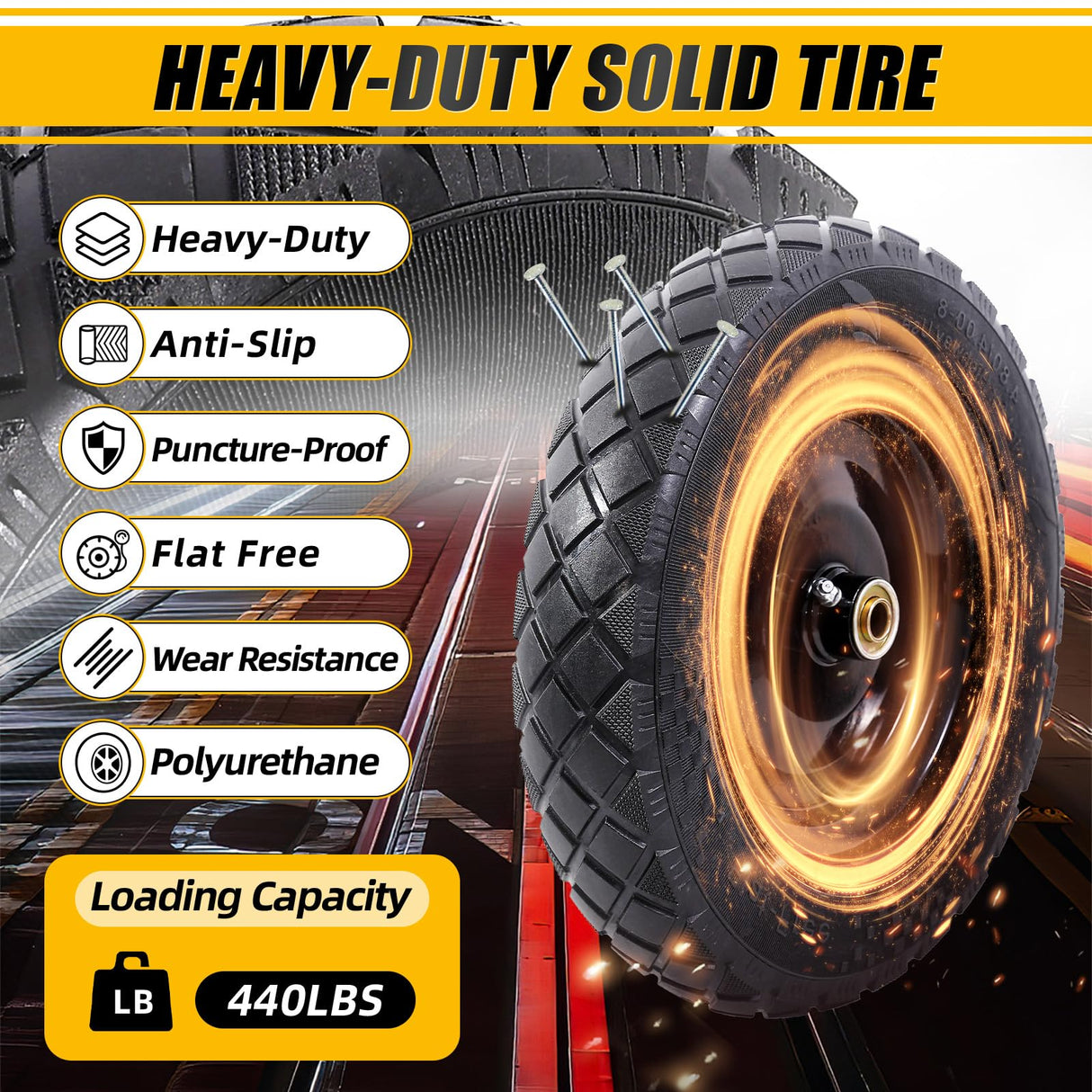 MZREXN 4.80/4.00-8" Flat Free Tire and Wheel 15" Wheelbarrow Tires