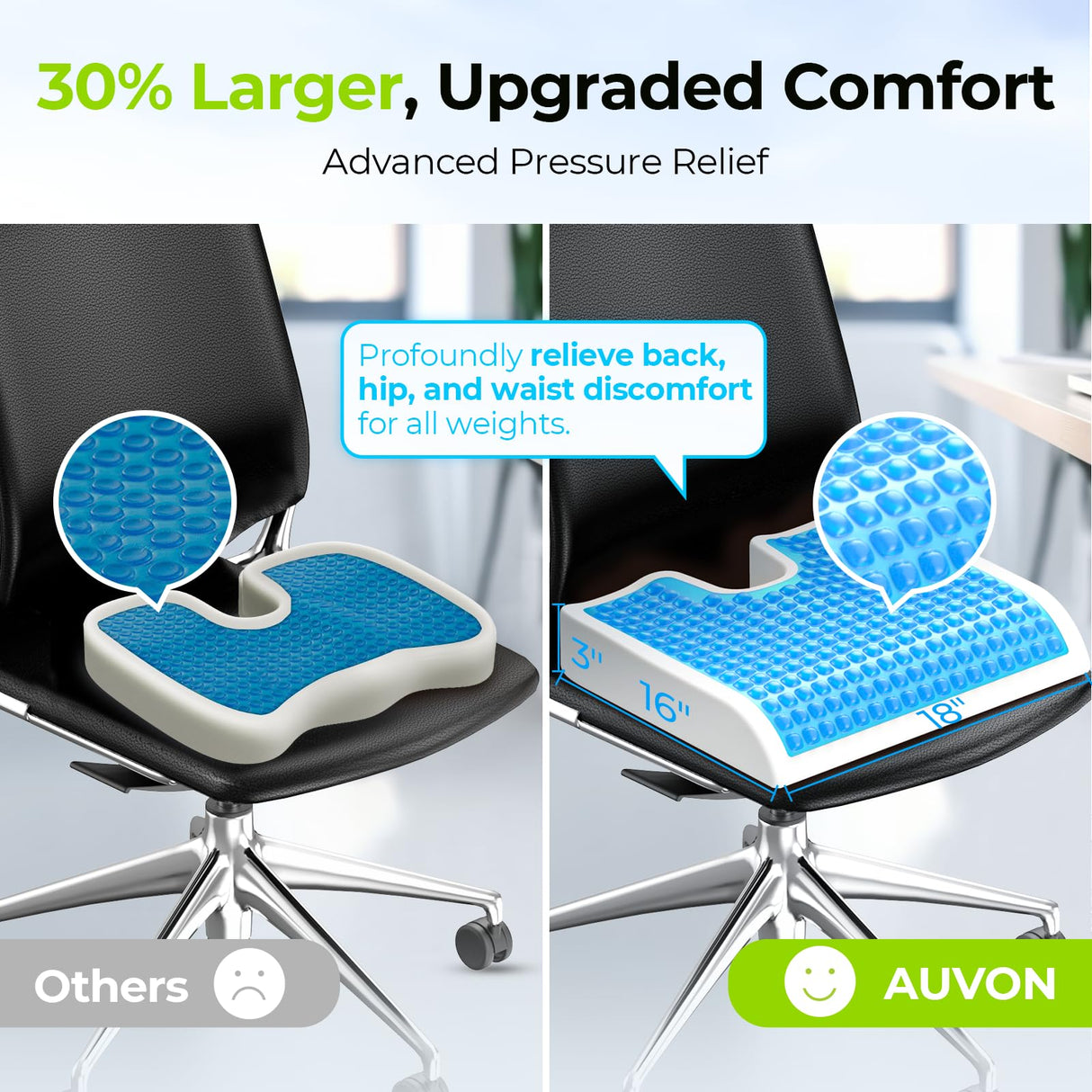 AUVON Cooling Gel Seat Cushion for Office Chair, FSA HSA Eligible, Large Tailbone Cushion with Thick Memory Foam for Sciatica & Lower Back Pain Relief, Non-Slip XL Cushion for Car Seat, Gaming, Home