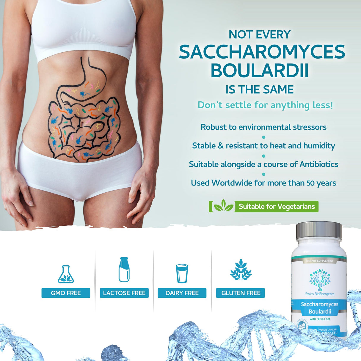 Saccharomyces Boulardii 5 Billion CFU 90 Capsules - No Refrigeration Required - High Strength Non-Colonising Yeast with synergistic Olive Leaf, Biotin and Vitamin D3