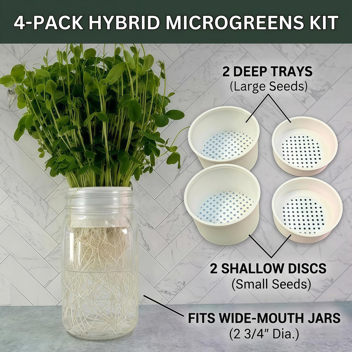 Microgreens Growing Kit Compatible with Mason Jar, 4-Pack Deep & Shallow Hydroponic Sprouting Trays for Indoor Gardening, Easy Indoor Microgreens Grower for Kitchen Herb Gardening and Home Growing