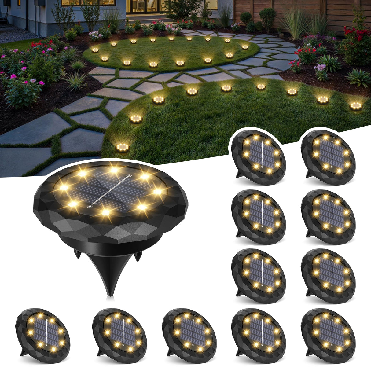 SOLPEX Mini Solar Ground Lights, 12 Pack Pathway Solar Lights Outdoor Waterproof, Garden Lights for Driveway Walkway Yard Landscape (Warm White)