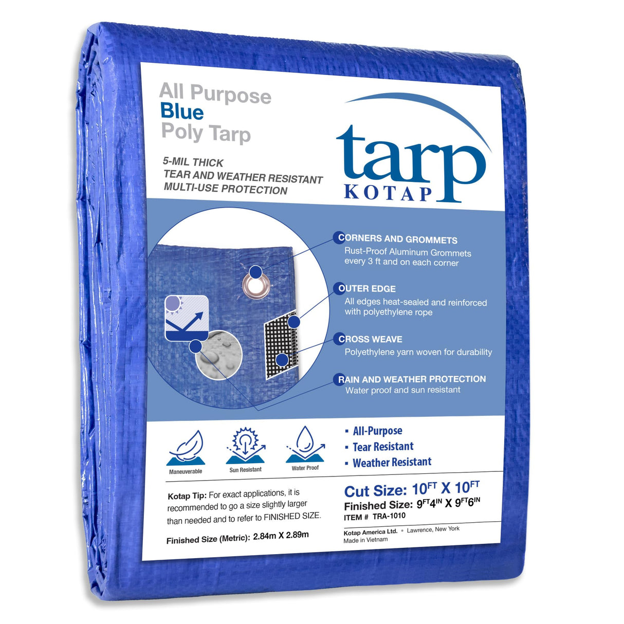 Kotap 10 x 10 Ft. All-Purpose Multi-Use Protection/Coverage 5-mil Poly Tarp, Waterproof, Blue, 1-Pack (TRA-1010)