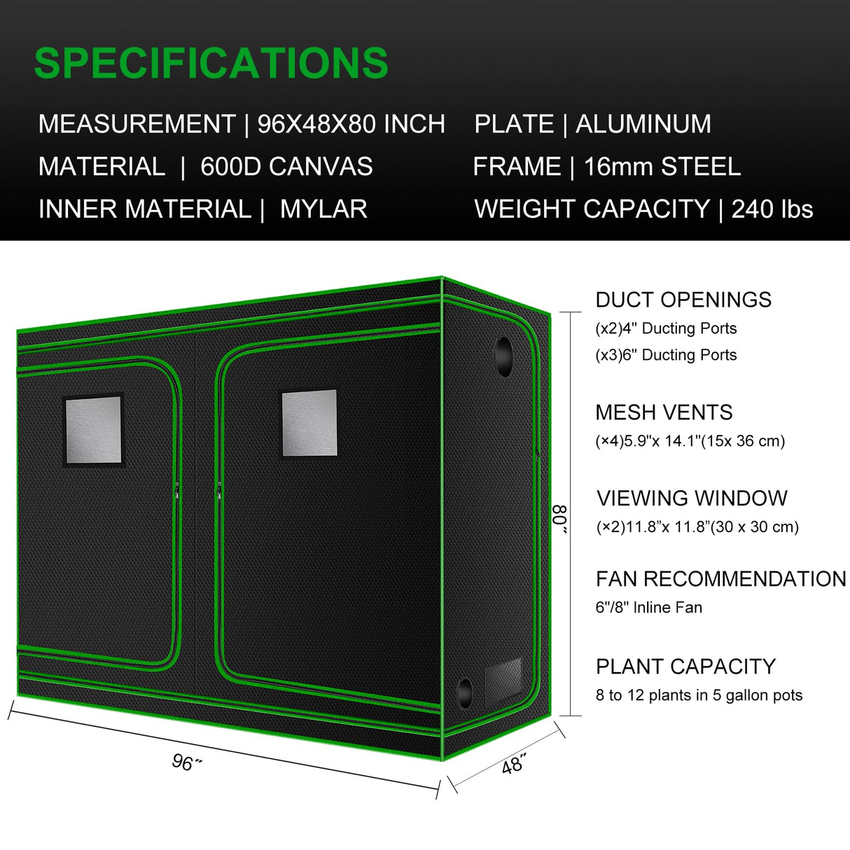MELONFARM 4x8 Grow Tent, 96"x48"x80" High Reflective 600D Diamond Mylar Canvas with Observation Window and Floor Tray for Hydroponic Indoor Plant Growing