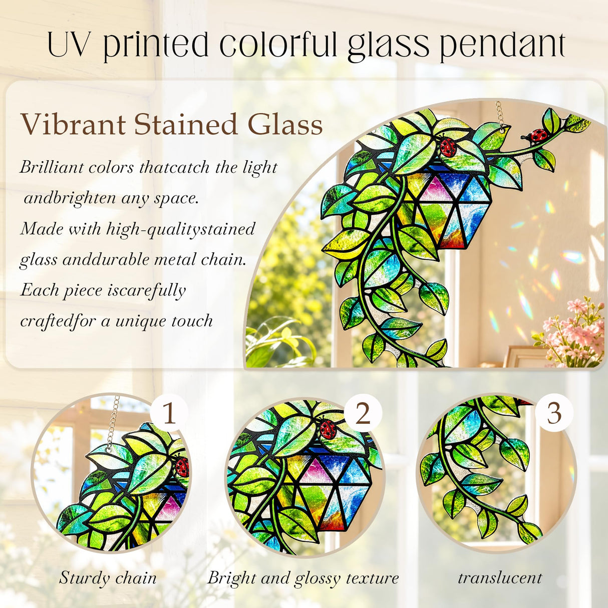 Plant Suncatcher Glass, Stained Glass Suncatcher Plant Window Hanging, Unique Nature Lover Gifts Leaf Idea