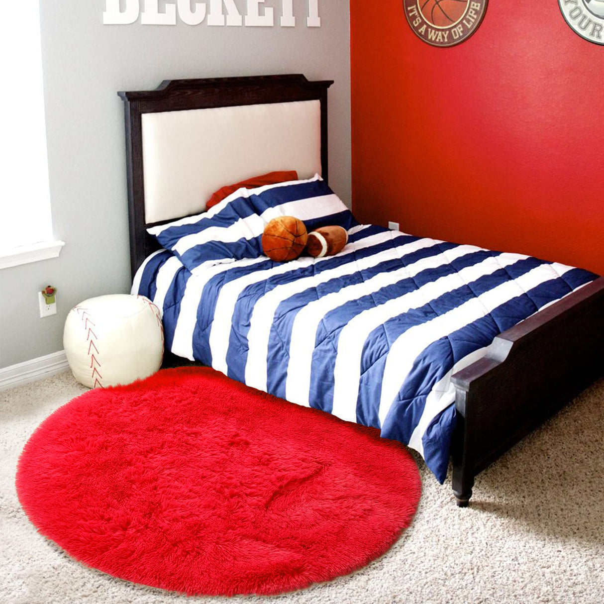 Red Round Rug 4Ft for Bedroom, Fluffy Shag Circle Area Rugs for Kids Room Decor Aesthetic, Fuzzy Plush Fur Carpets for Living Room Nursery Dorm Classroom, Red Carpet, Christmas Rugs for Teen Boys