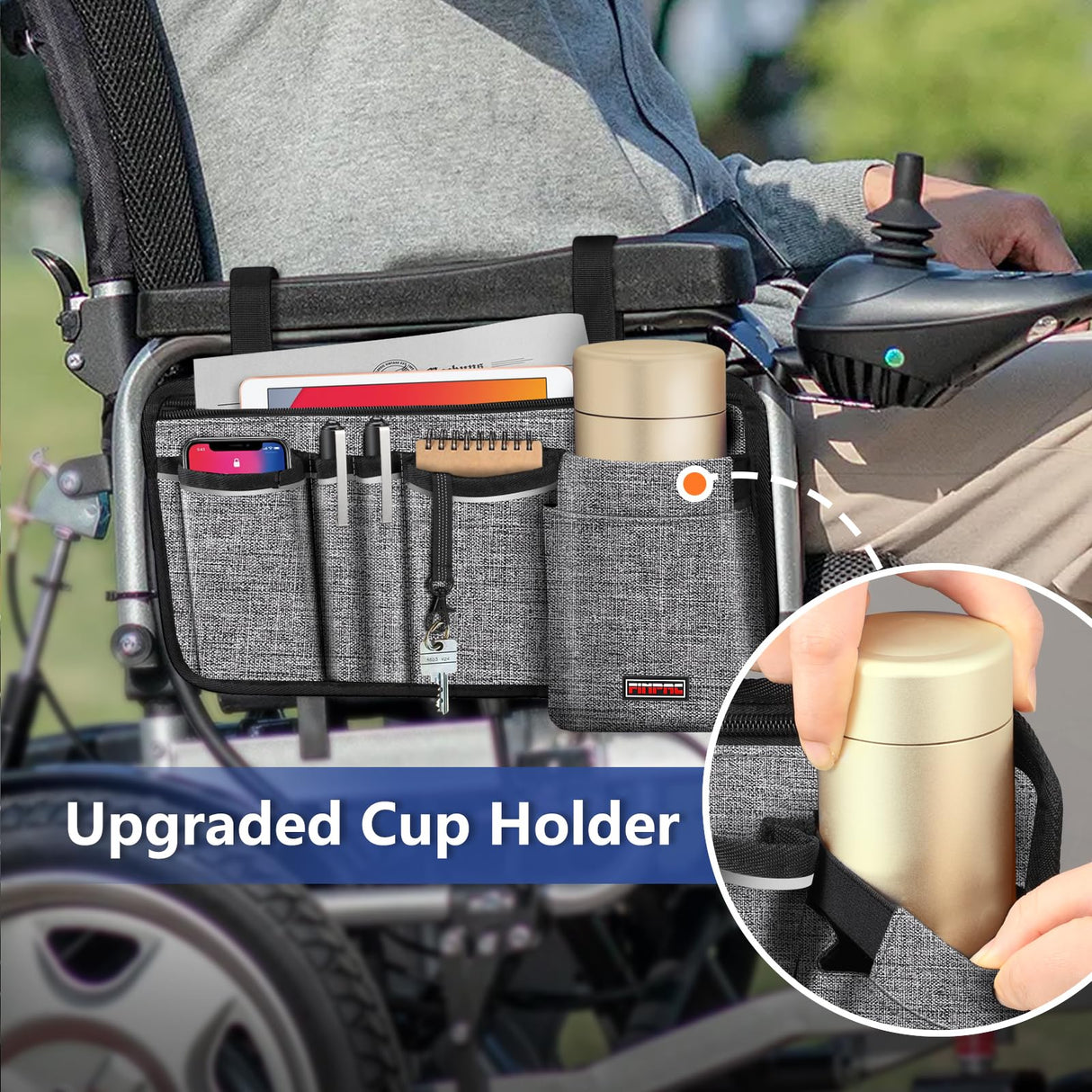 FINPAC Wheelchair Side Storage Bag w/Cup Holder, Wheelchair Armrest Accessories Pouch with Pen Slot and Reflective Strips for Power Walkers, Rollators, Seniors - Gray