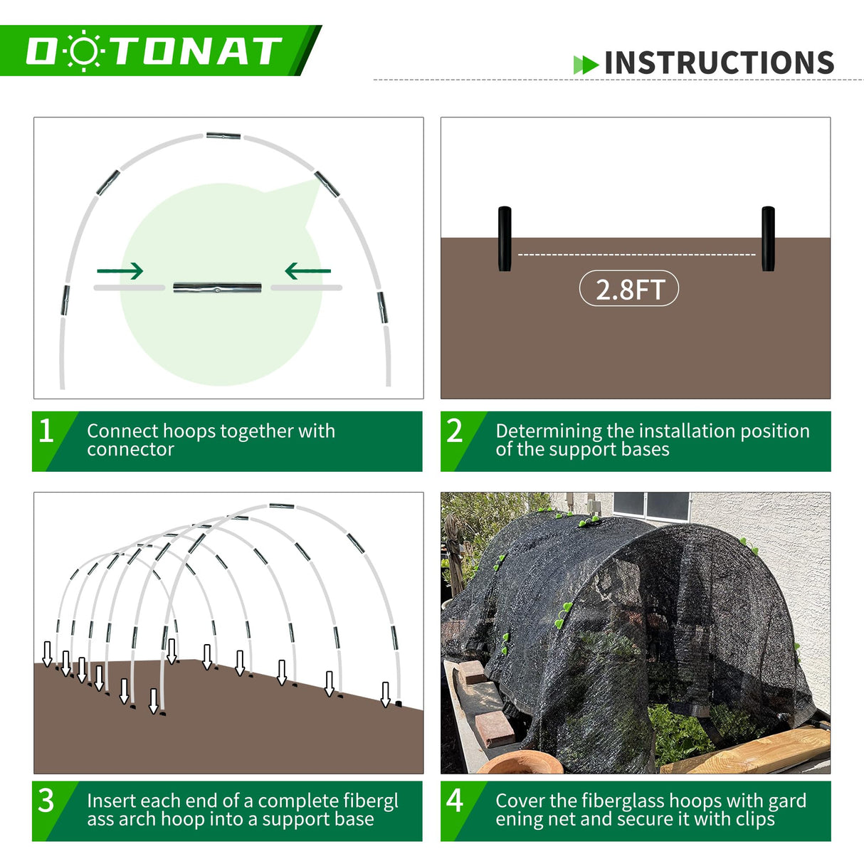 OOTONAT 8FT Garden Hoops Grow Tunnel Kit - Rust-Free Fiberglass Frame for Raised Beds, 36pcs - DIY Plant Support for Garden Netting, Row Covers, and Greenhouse Protection