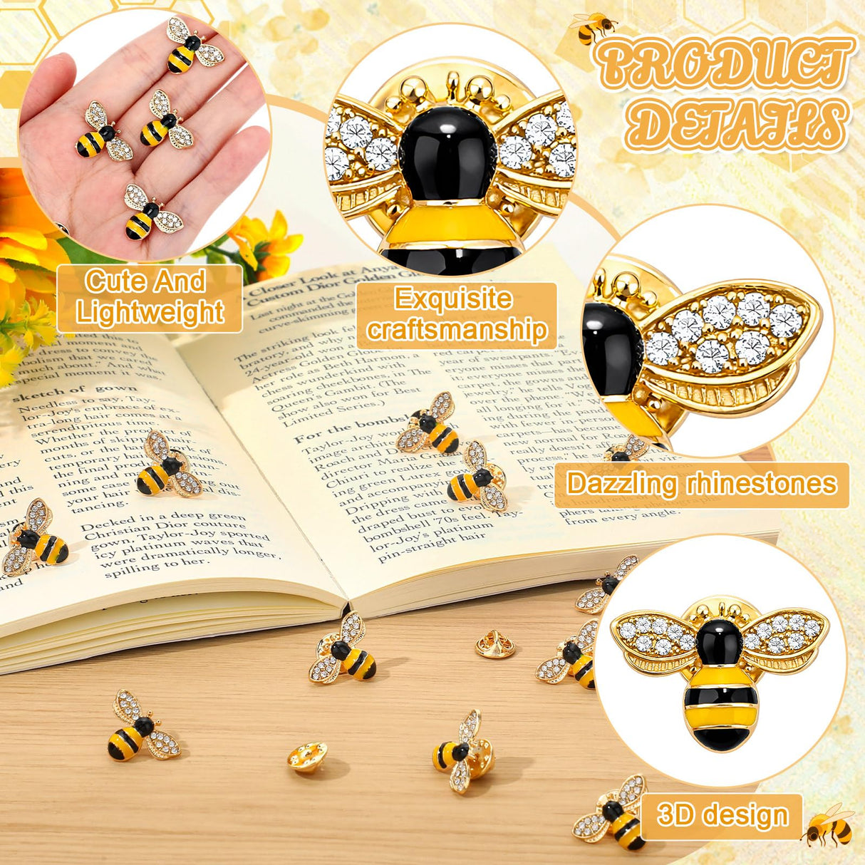 Unittype 25 Pcs Rhinestone Bee Brooches Gold Insect Themed Animal Fashion Brooches with Safety Buttons Cute Animal Lapel Pins for Clothing, Bags, Hats Gifts