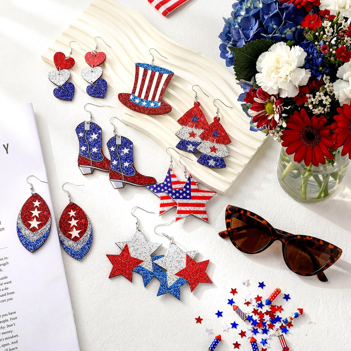 Landical 30 Pairs Glitter 4th of July Patriotic Earrings Bulk for Women Double Sided Print 250th Anniversary Independence Day Wooden Earring American Flag Red White Blue Jewelry Gift for Party