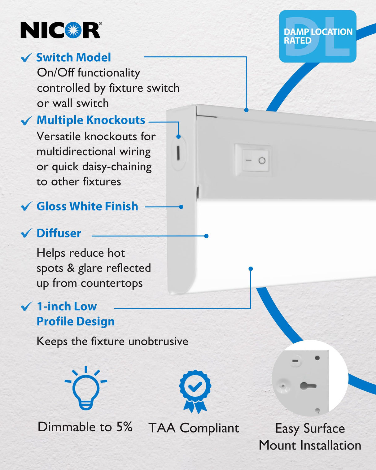 12” LED Direct Wire Under Cabinet Light with On/Off Switch - Dimmable LED Lights for Kitchen - Selectable CCT 2700K-5000K, 340-360 Lumens, 5W - UCB Hardwired Under Cabinet Lighting by NICOR Lighting