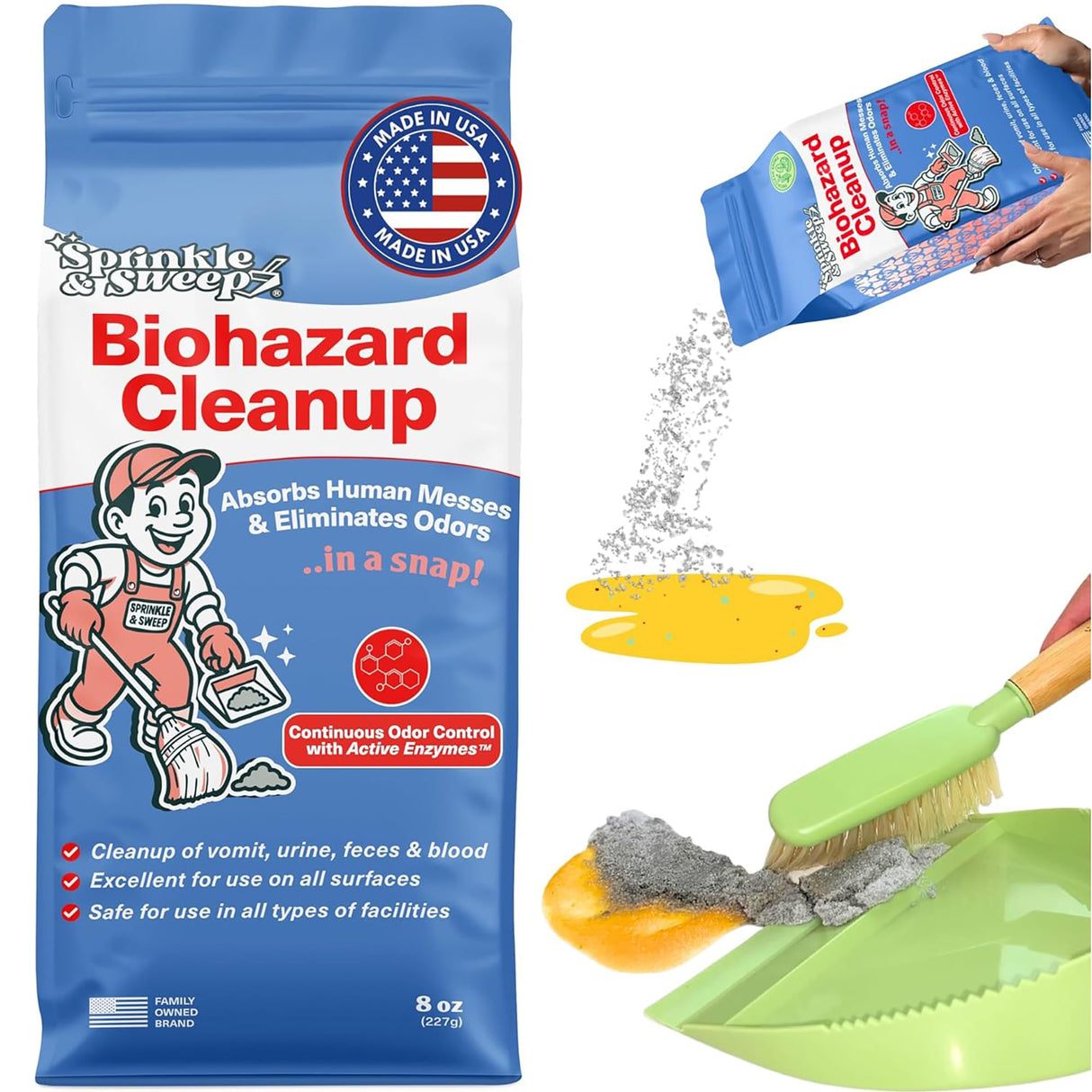 Sprinkle & Sweep: Biohazard Cleanup - 8oz - Human Bodily Fluid Solidifier, Enzyme Powder, Super Absorbent, Odor Elimination, Home-Facilities-School