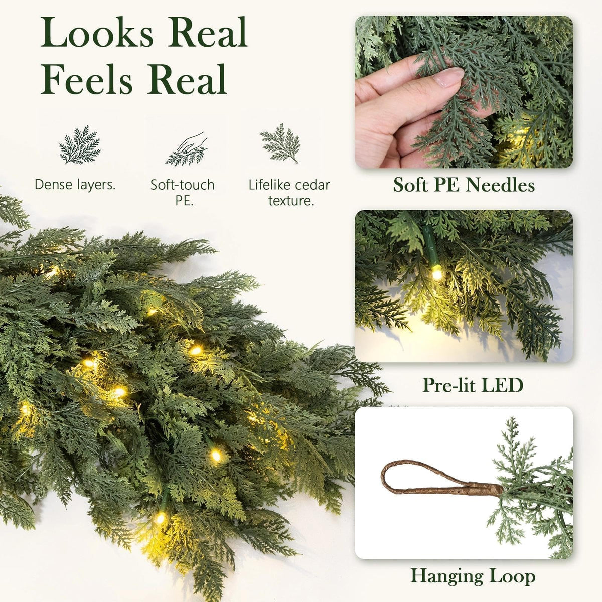 Pre-Lit Christmas Garland 9FT Decorations Real Touch Cedar Cypress Pine Greenery Artificial Green Christmas Garland with Lights for Mantle, Fireplace, Table, Stairs, Door, Indoor Outdoor Decorations