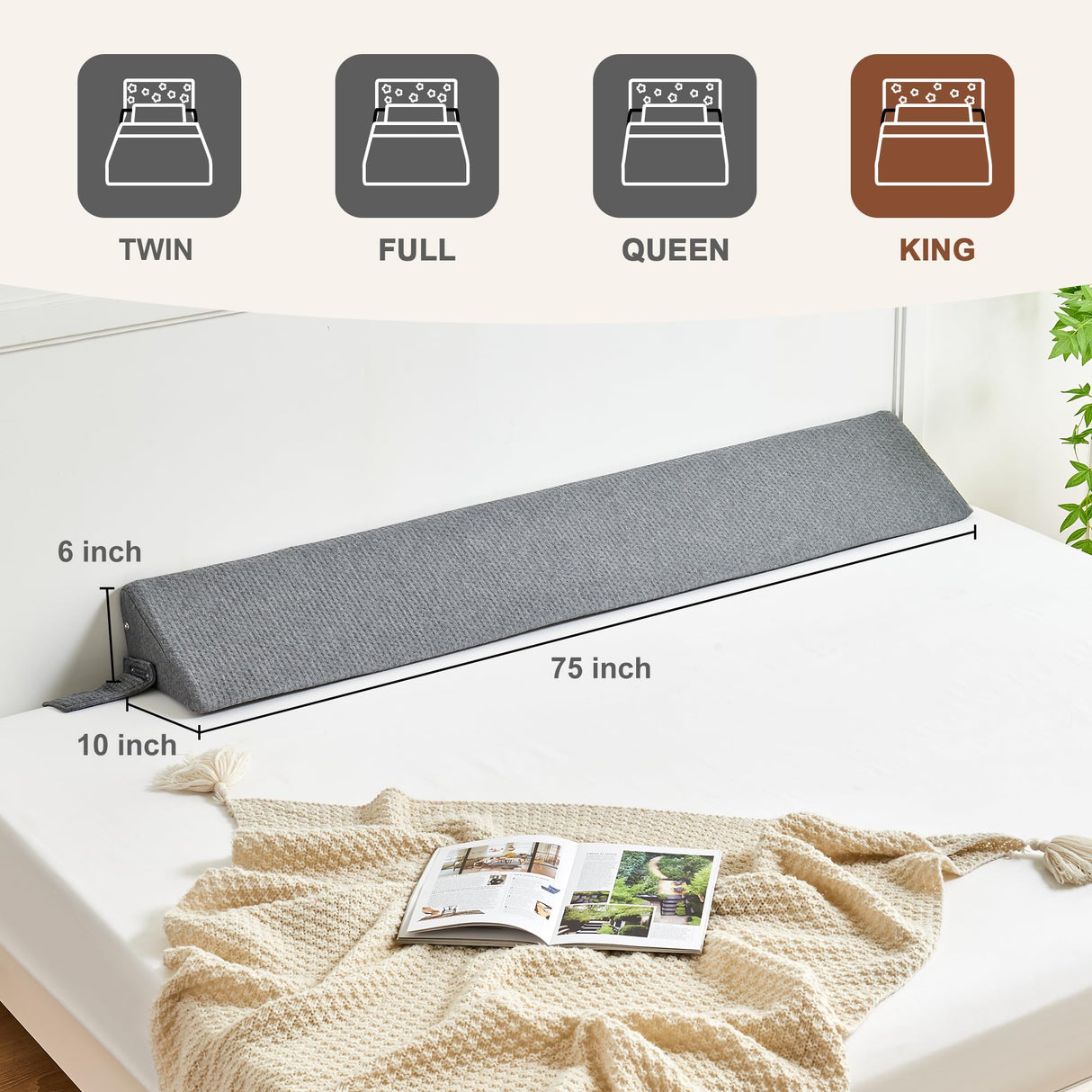 IFNOW King Size(76"x6"x10") Bed Wedge Pillow for Headboard, Mattress Gap Filler(0-8"), Bed Wedge for Gap Between Your Headboard and Mattress Dark Grey