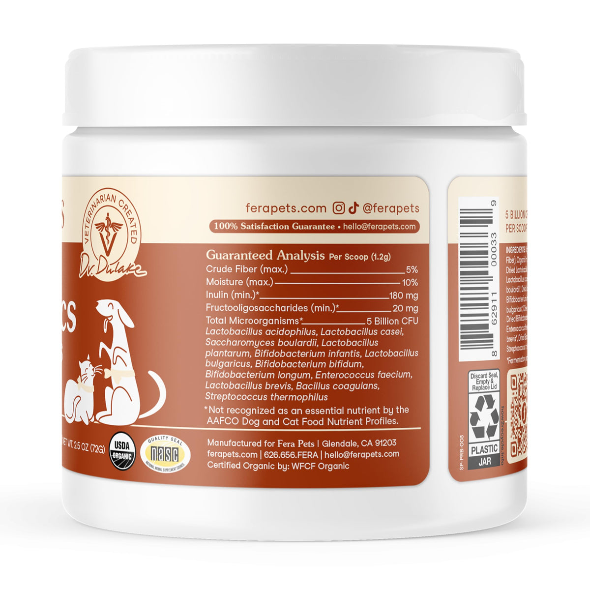 Fera Pets Organic Probiotics for Dogs & Cats with Prebiotics, 60 Scoops