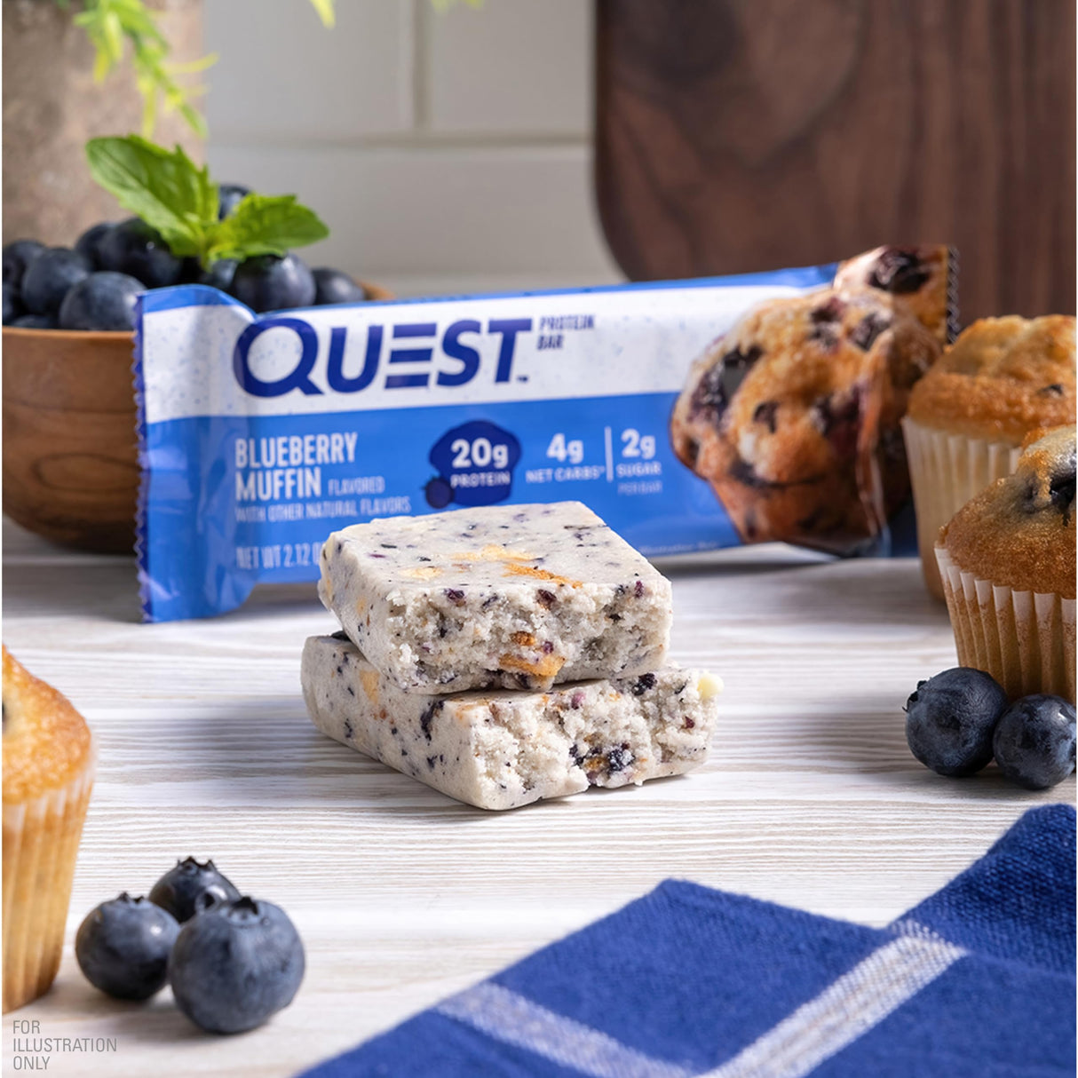 Quest Nutrition Blueberry Muffin Protein Bars, 20g Protein, 2g Sugar, 5g Net Carb, Gluten Free, Keto Friendly, 12 Count